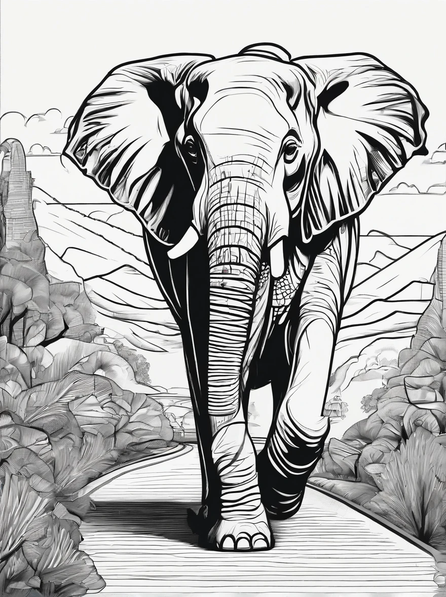 an elephant walking in pathway, line art. cartoon character, 3d style, high quility, colorin book, hand draw, line art. no shadow.