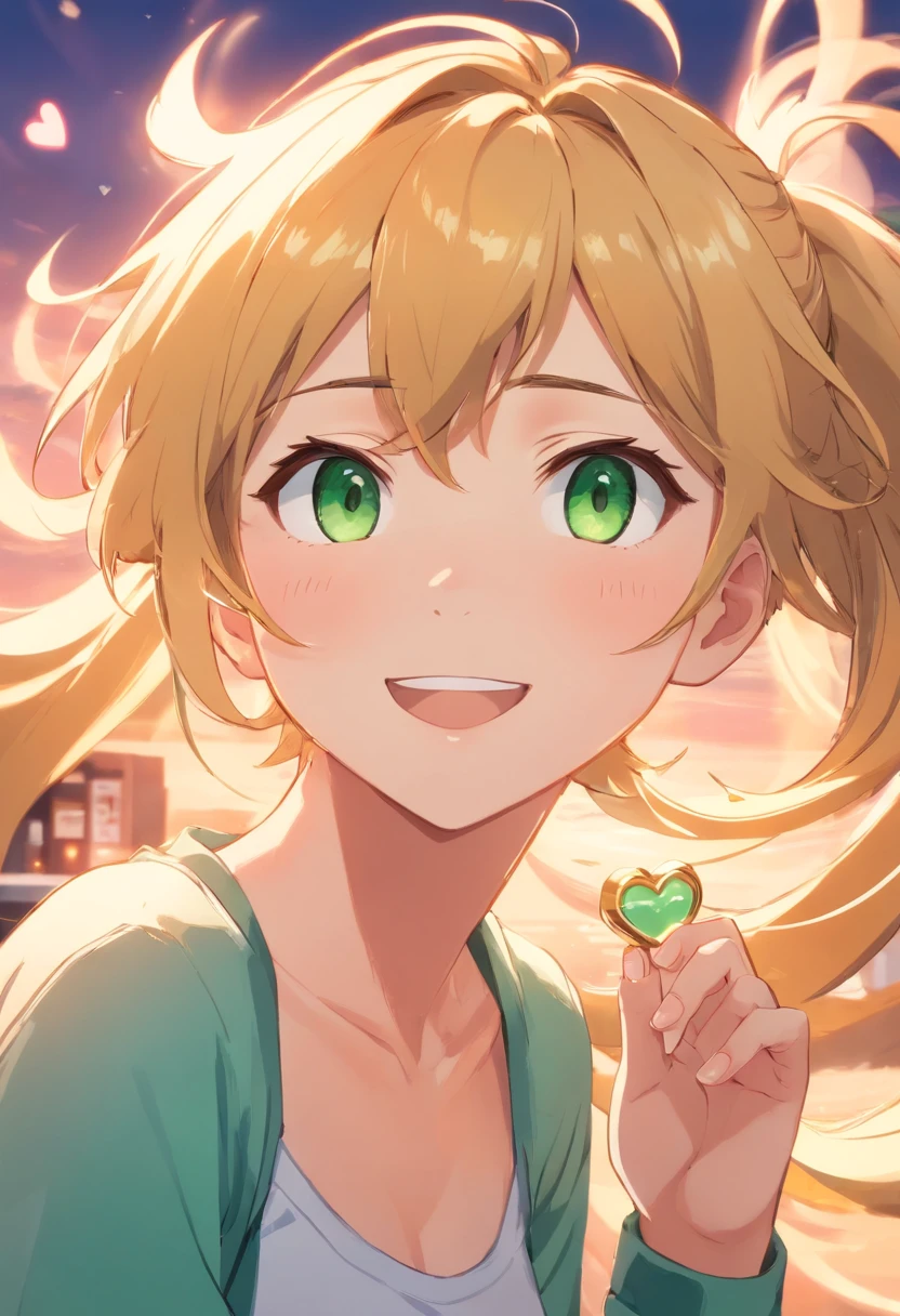 1guy,heart-shaped pupils,fingernails,Golden hair, high ponytail,green colored eyes,(blusher:1.1),upper-body,(High-speed lines:1.1), ((heavy breathing:1.3)), Love, Heart, crop-top, Happy, Smile, render(1.3)