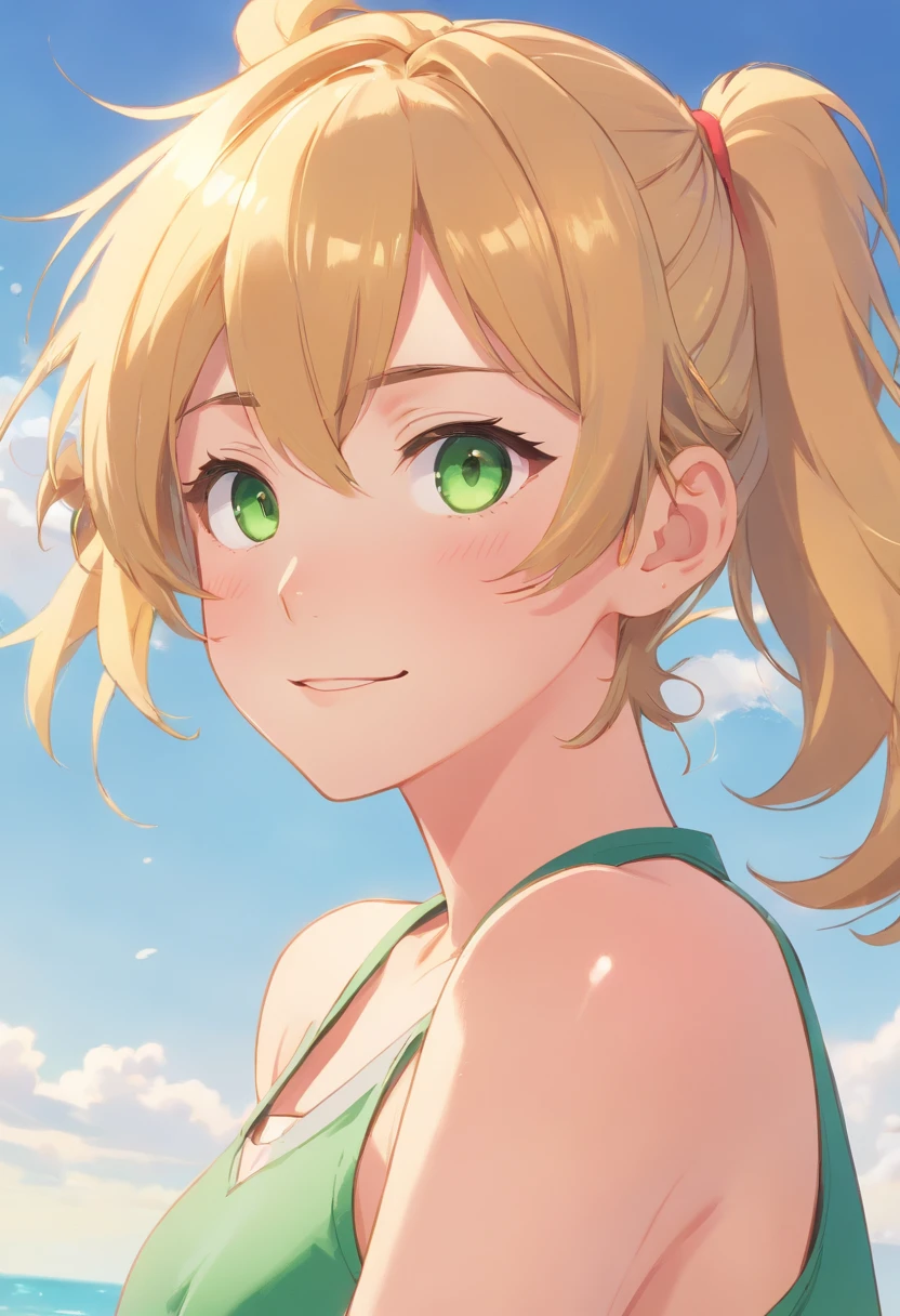 1guy,heart-shaped pupils,fingernails,Golden hair, high ponytail,green colored eyes,(blusher:1.1),upper-body,(High-speed lines:1.1), ((heavy breathing:1.3)), Love, Heart, crop-top, Happy, Smile, render(1.3)