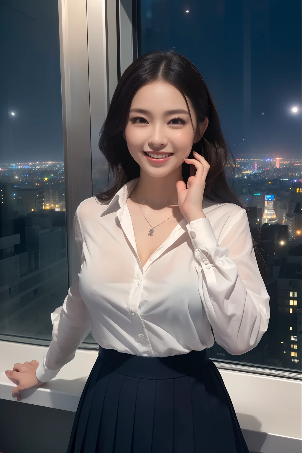 ((1 girl,whiteshirt,Red ribbons,Navy skirt,high-school uniform,a necklace,Room in a tower apartment on the 40th floor,One huge window in the background,Huge windows,nighttime scene,Complex night scene,From the window, You can enjoy the view from the 40th floor,Faces close,Beautiful night view in the background,Midnight,Panoramic night view,Midnight view,Midnight,Looking at the camera,Shot from the waist up)),((Perfect makeup,Glossy lips,The face of Japan's cutest idol,long eyelashes,Smile big,The biggest smile looking at the camera,Beautiful lips,Perfect glossy lips face close,Staring at this,Breasts are big)),((The best lighting for epic movies,super-fine,beautiful hairl,Detailed rooms in luxury apartments,Romantic night view,Complex night scene,Detailed night view,,super-fine,beautiful hairl,The most beautiful faces in Japan,View here,Perfect fingers,face perfect,细致背景,Fair skin,Crystal clear white skin,Clean white teeth,perfect teeth,Large teeth,Perfect fingers,细致背景,top-quality,The ultra -The high-definition,Perfect Anatomy,high-definition RAW color photography,professional photograpy, Very delicate, Extremely detailed,finely detail, Huge file size,Top image quality,8K,Award-Winning Works,masutepiece,Professional filming,a high chroma))