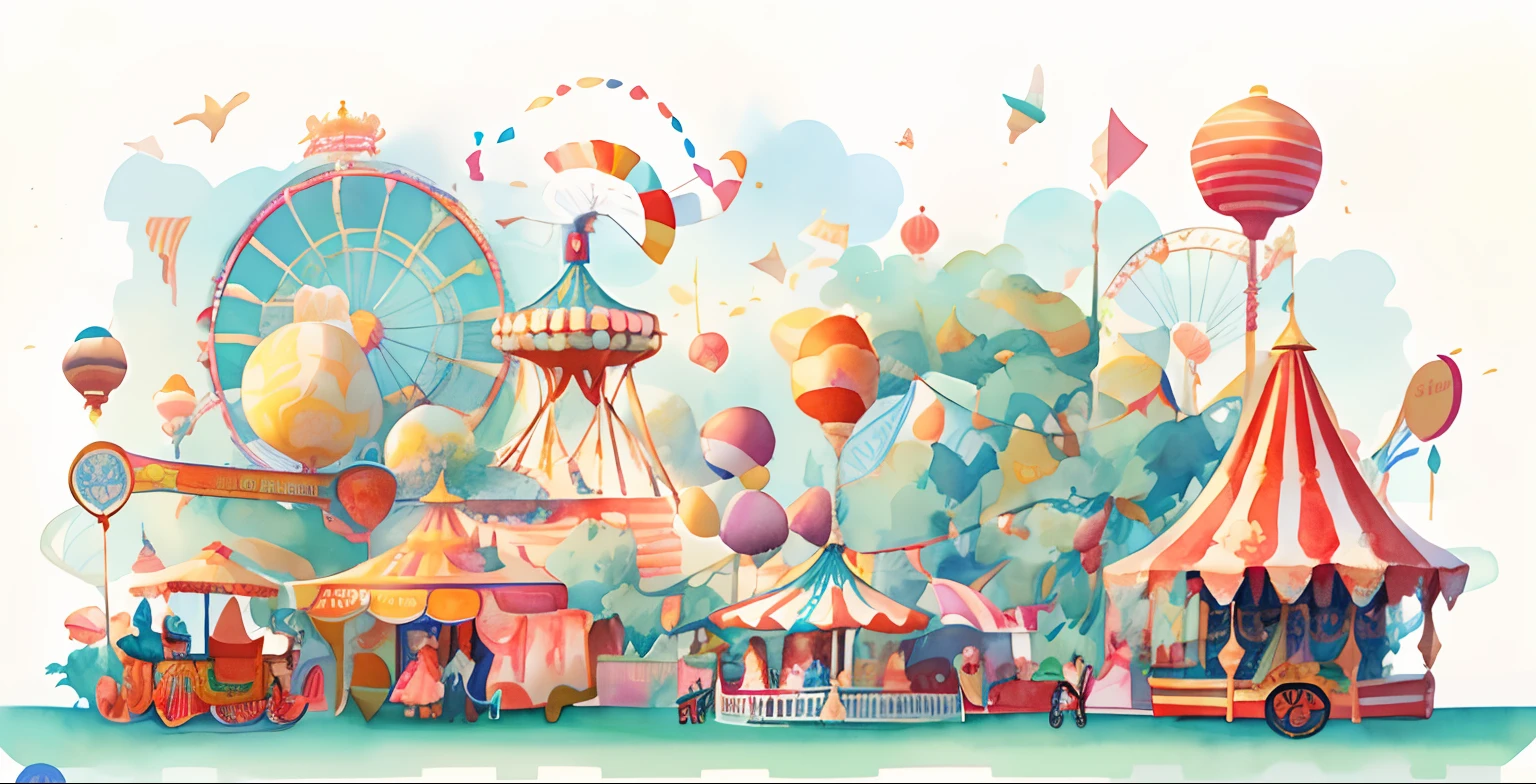 illustration of a carnival with a ferris, circus, and other rides, artistic illustration, colorful illustration, fabulous illustrations, stylised illustration, dreamy illustration, beautifully illustrated, curiosities carnival, painterly illustration, illutstration, illustration!, amusement park, stylized illustration, blurred and dreamy illustration, a beautiful artwork illustration, #illustration, illustation, watercolor illustration style