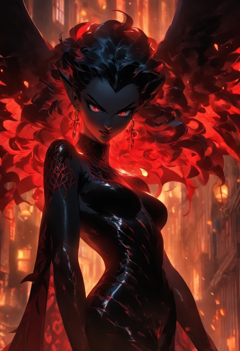 (Best quality,4K,8K,A high resolution,Masterpiece:1.2),Ultra-detailed,(Realistic,Photorealistic,photo-realistic:1.37),Hot succubus mom with long black hair, Rich black lips, Wearing revealing black leather clothing,Decorated with BDSM elements. Her attire included an alluring corset, Highlight her sexy figure. Her skin is a charming fiery red, Exudes demonic charm. Gracefully sprouting a pair of majestic demon wings from her back, exquisite and meticulous,The pattern is intricate. On top of her head, She has the charming Cape Tieflin, Embodies her otherworldly existence. The artwork should capture her seductive aura, Show her confidence and strength. The light in the scene should highlight the seductive curves of her body, casting dramatic shadows and highlights. The color palette should evoke a sense of darkness and desire, Has a rich black contrast tone, Red, and deep maroon, exposed nipples