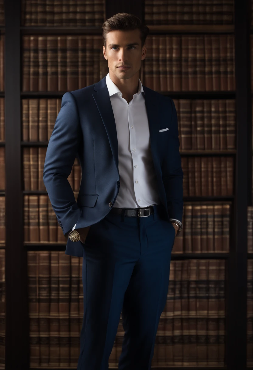 Businessman standing in front of a bunch of books, attractive male, beautiful symmetrical face, attractive male, male model, Human/Tank hybrid, Precise symmetrical human characteristics, The man stands out in the photo, Multiple faces, Face hybrid realistic body and body, Perfect human male specimen, Handsome man, There is no distortion on the surface of the subject, Handsome men,Navy blue suit,Blue tie with paisley pattern,japanese male,