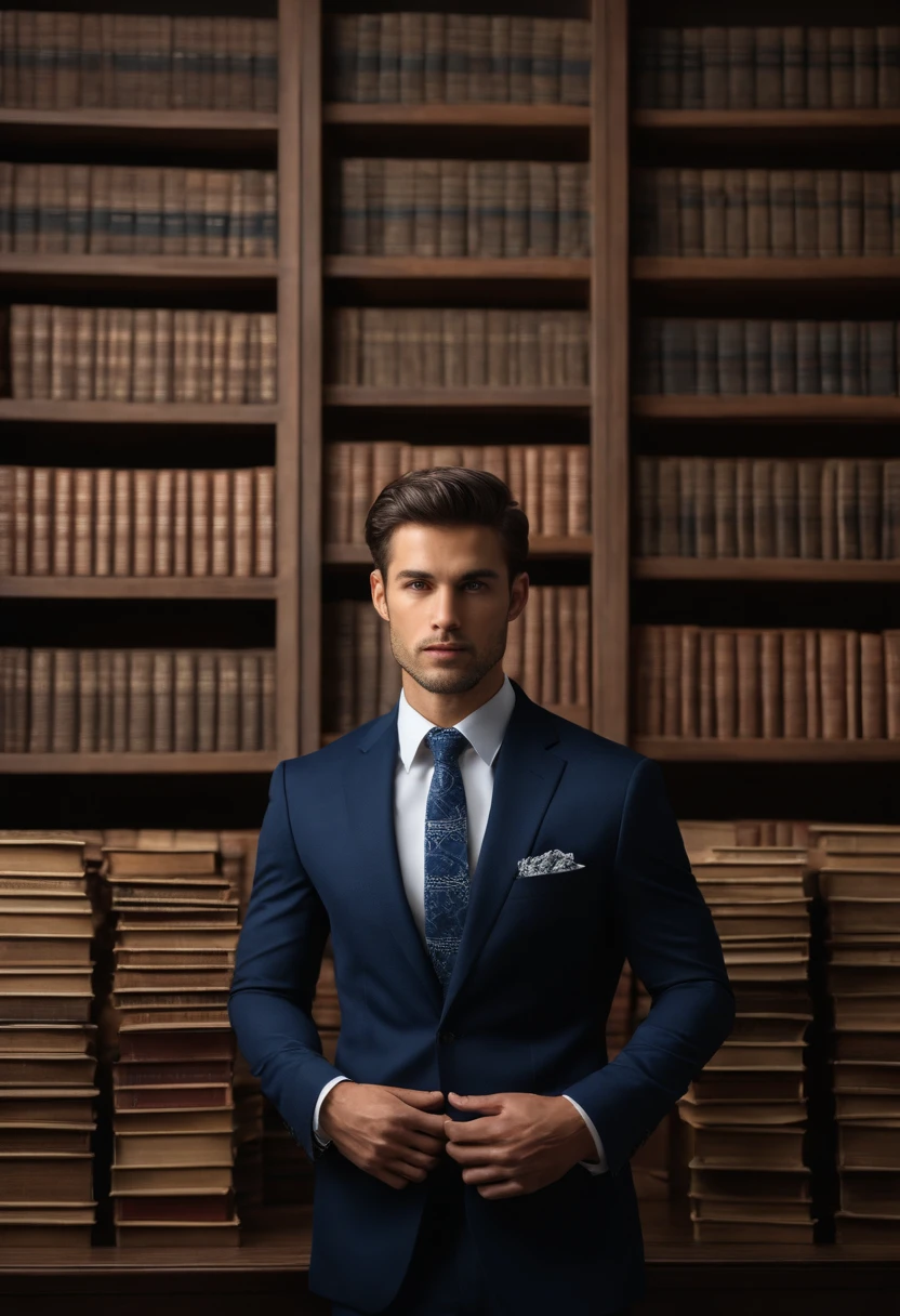 Businessman standing in front of a bunch of books, attractive male, beautiful symmetrical face, attractive male, male model, Human/Tank hybrid, Precise symmetrical human characteristics, The man stands out in the photo, Multiple faces, Face hybrid realistic body and body, Perfect human male specimen, Handsome man, There is no distortion on the surface of the subject, Handsome men,Navy blue suit,Blue tie with paisley pattern,japanese male,