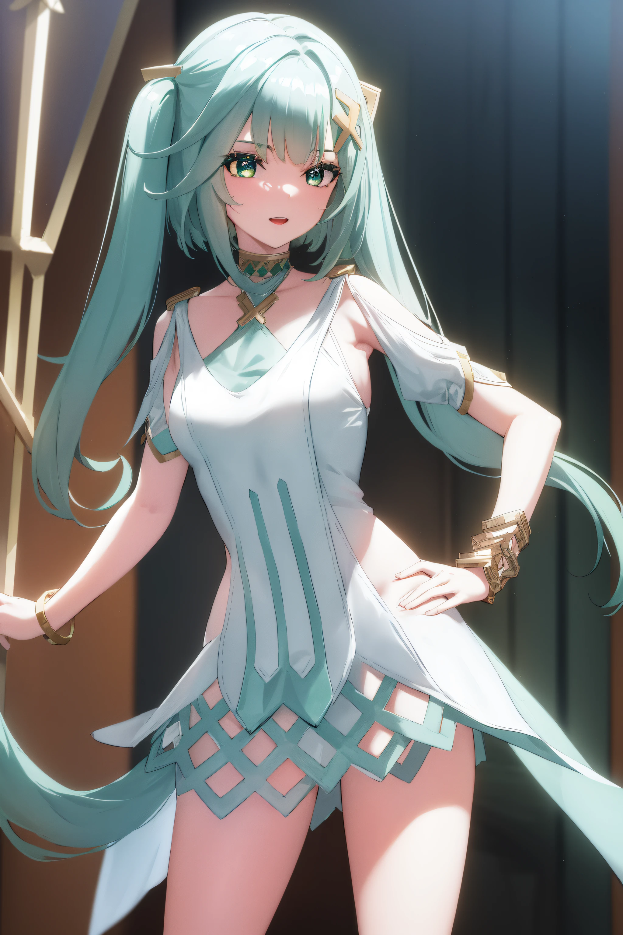 faruzan, faruzan, aqua hair, blunt bangs, cowlick, (green eyes:1.5), hair between eyes, hair ornament, long hair, (symbol-shaped pupils:1.5), (triangle-shaped pupils:1.5), twintails, x hair ornament, open mouth, smile,
BREAK bangle, bare shoulders, bracelet, dress, jewelry, short sleeves, shiny clothes,
BREAK looking at viewer, full body, (cowboy shot:1.5), upper body,pose, hand on hip,
BREAK indoors, library,
BREAK (masterpiece:1.2), best quality, high resolution, unity 8k wallpaper, (illustration:0.8), (beautiful detailed eyes:1.6), extremely detailed face, perfect lighting, extremely detailed CG, (perfect hands, perfect anatomy),