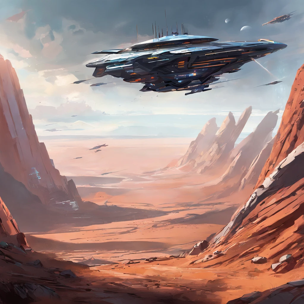 A spaceship flying over rocky ground, inspired by sparth, an epic space ship scene, sparth style, The spacecraft flew too far, star citizen digital art, sci-fi illustrations, scifi illustration, detailed sci-fi art, on the sky, Spaceship, spaceships in the cloudy sky