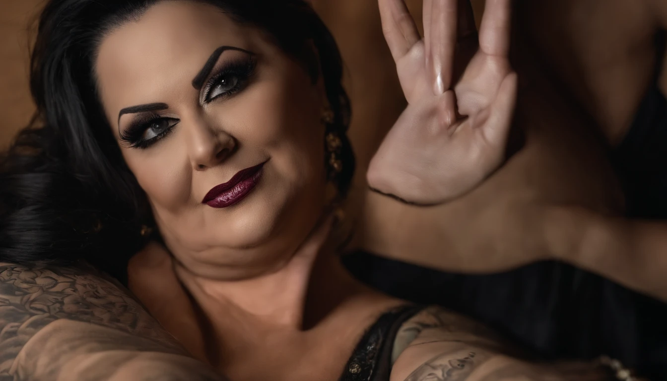 Dominatrix acima de 40 anos,Mulher com 60 anos, BBW, rugas, posando para selfie no Instagram, Tattooed with heavy makeup of long black and black hair looking at camera, foto detalhada, lifelike lighting, Pele real de alta qualidade: 1.4, Improved cinematic lighting: 0.9,hiper-realista: 1.4, (soft-lighting: 1.05) figura movimentada，Homem-Imponente, Rugas, intimidando a mulher, pose dominante sexy, domination, There are slave-owning rulers, amante, BDSM