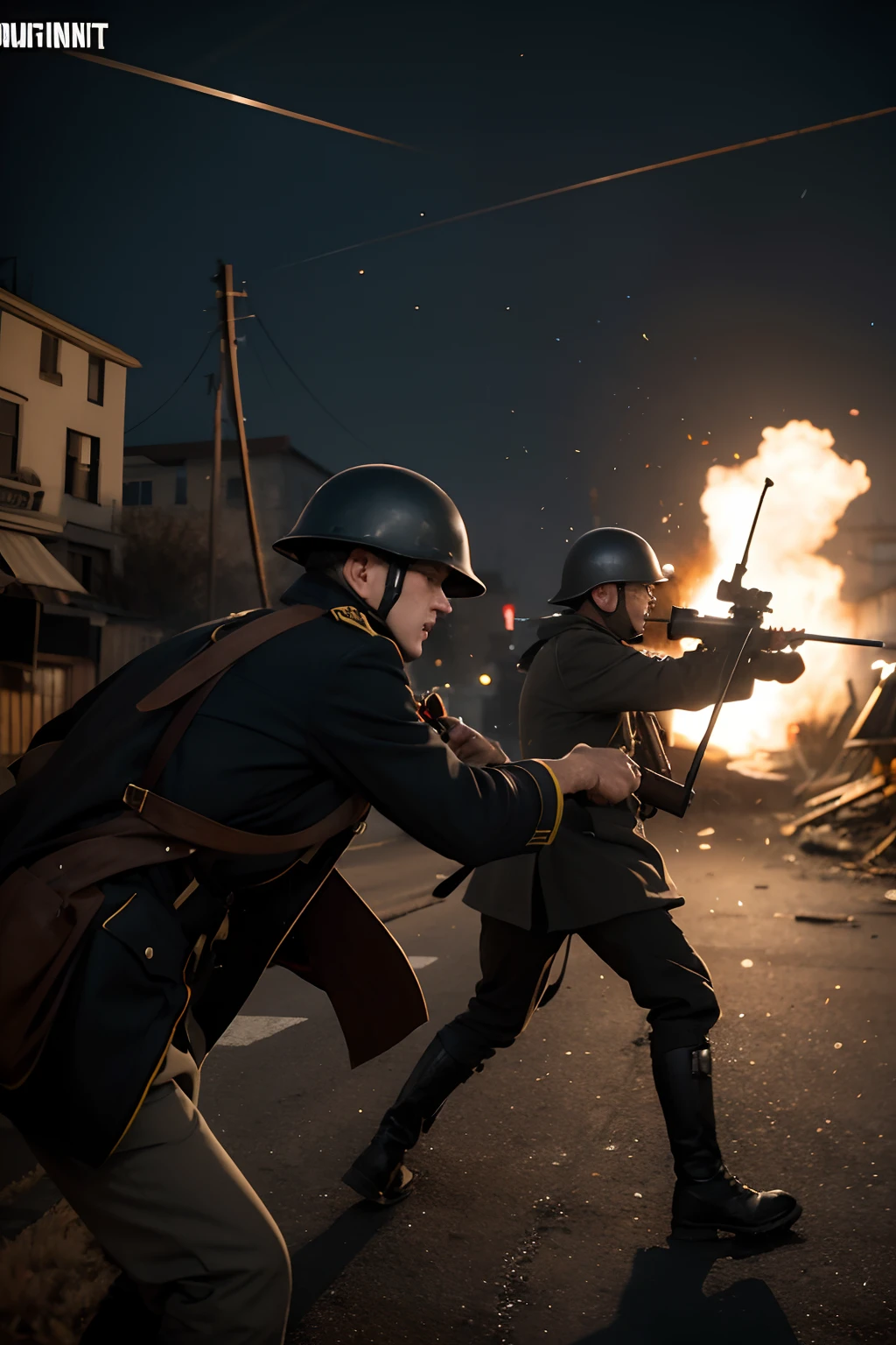 cinematic perspective，Back，street fighting，German Peaked Helmet，black greatcoat，World War I，shooting，opening fire，Pull-bolt rifle，bayonet，Multiplayer battles，Field artillery，blasts