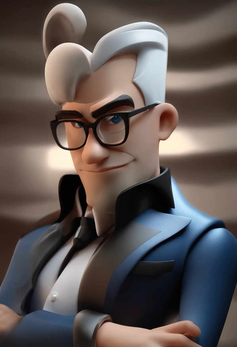 Cartoon character of a man with black square glasses and a blue shirt Elegant black suit, rosto oval, corte de cabelo curto militar, A bible in a black hand, corpo endomorfo, animation character, Caractere estilizado, animation style rendering, 3D estilizado, Arnold Maya render, 3 d render stylized, toon render keyshot, Personagem 3D, Personagem 3D, 3d rendering stylized, 3 d character render, personagem de desenho animado, Personagem de close up, Pose de personagem, (Estilo Pixar) (master part:1.2) (Bokeh) (best quality) (pele detalhada) (textura detalhada) (8k) (argila) (Cinematic lighting) (foco nítido