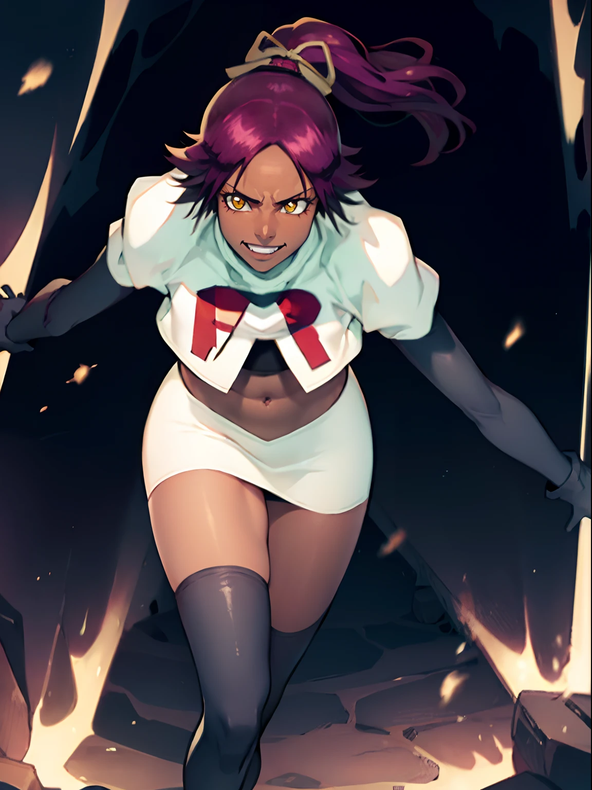 yoruichi shihouin, yellow eyes, ponytail, purple hair, dark skin, dark-skinned female, team rocket, team rocket uniform, red letter R, white skirt, white crop top, black thigh-high boots, black elbow gloves, evil smile