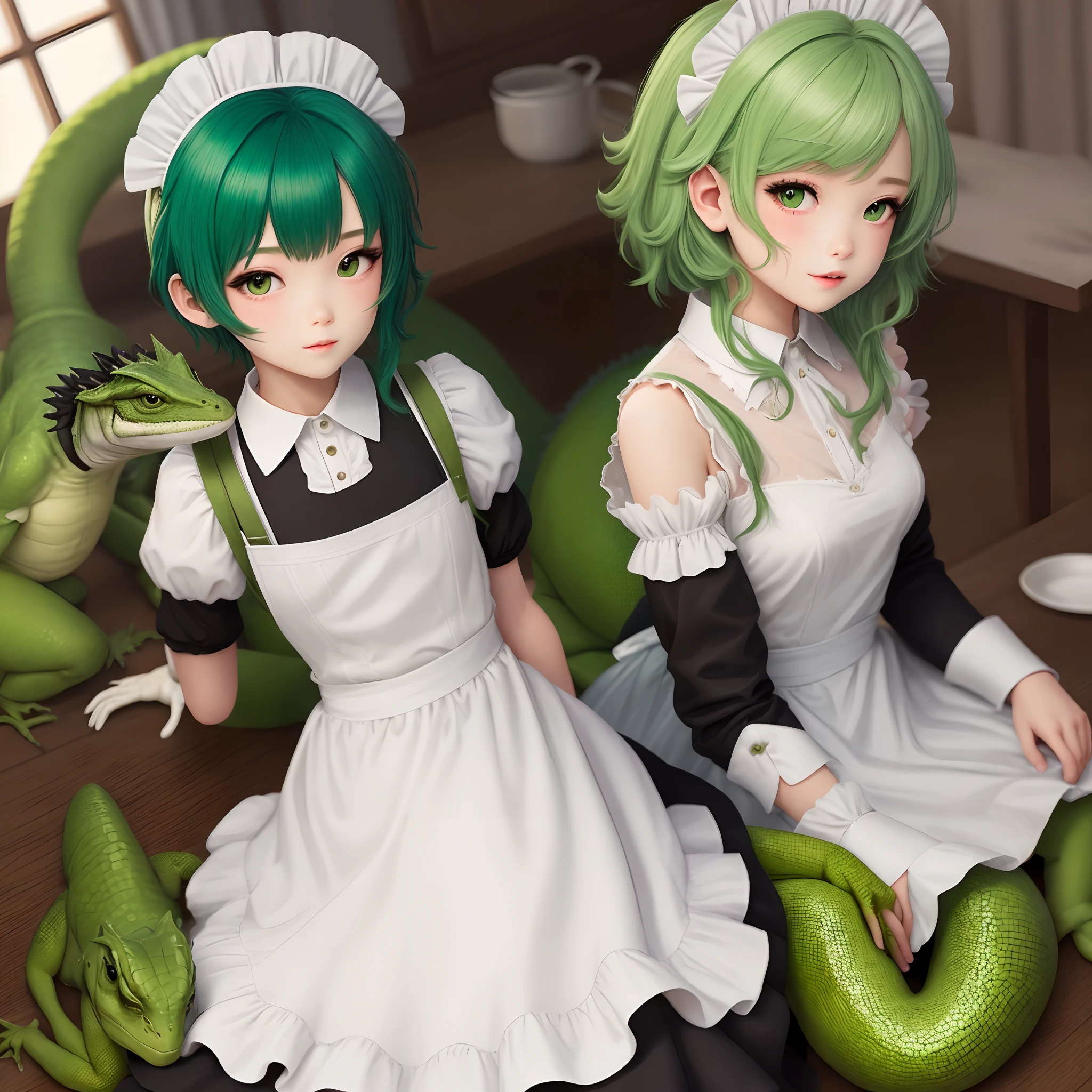 Green hair, maid dress, lizard tail, boy