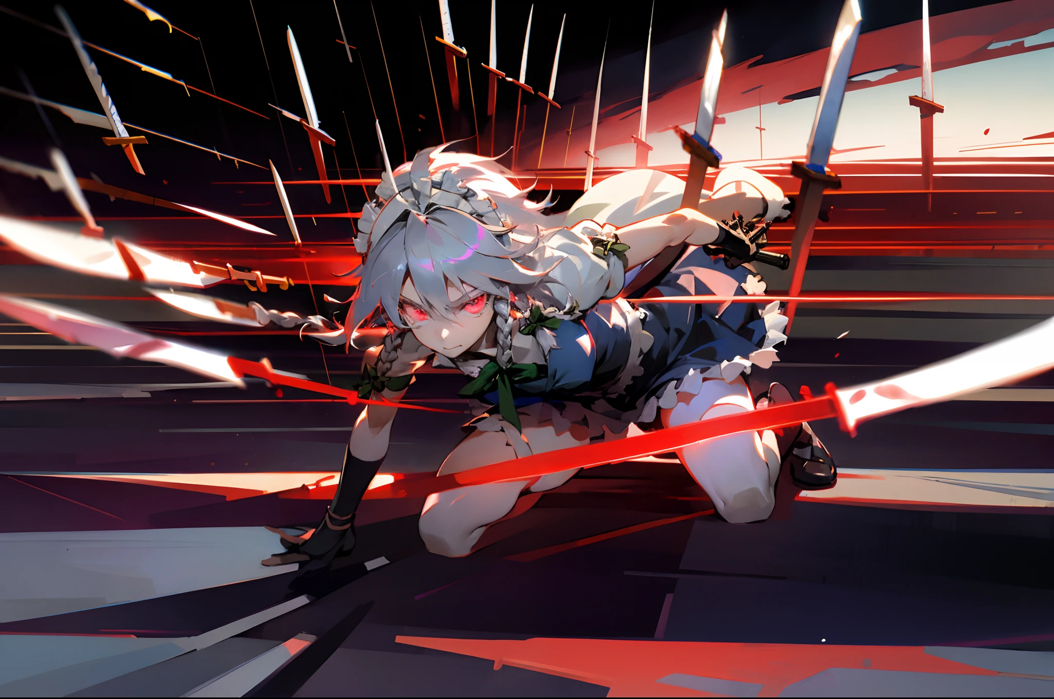 masterpiece, best quality,  1girl, izayoi sakuya, solo, red eyes, knife, braid, twin braids, short hair, all fours, white hair, grey hair, glowing eyes, maid, blood, maid headdress, glowing, perspective, weapon, gloves