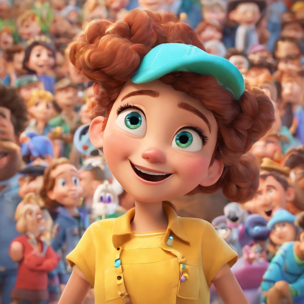 Create a Disney Pixar-inspired poster with the character being a 28-year-old, com um sorriso grande cabelos castanhos