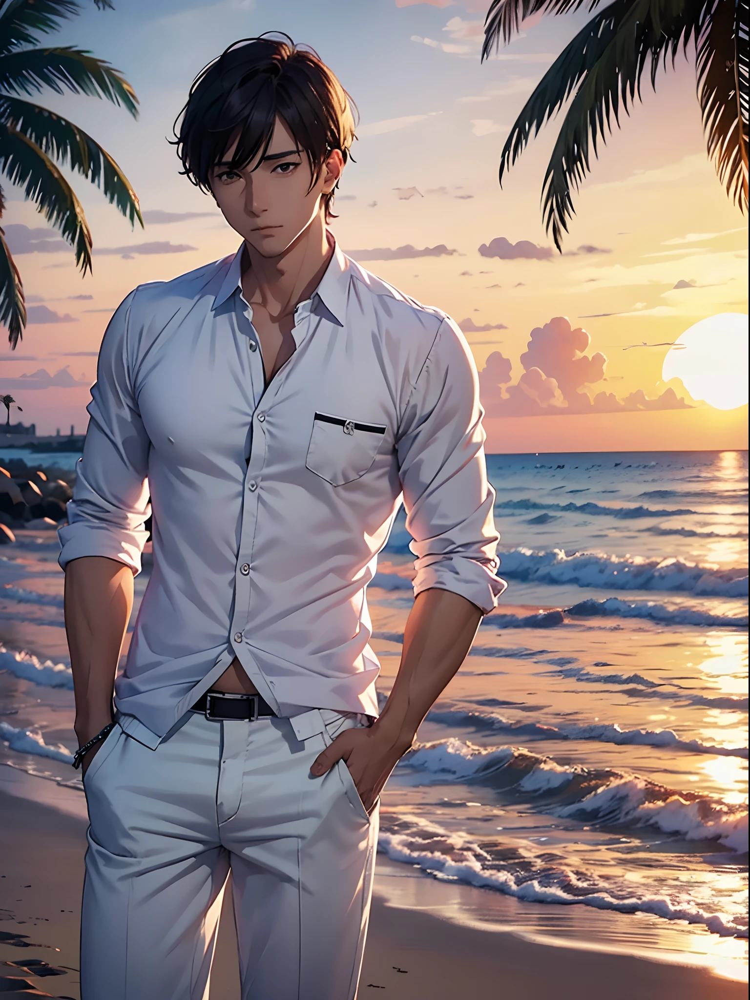 handsome anime man in casual style clothes, white chinos and translucent shirt, white beach, sunset