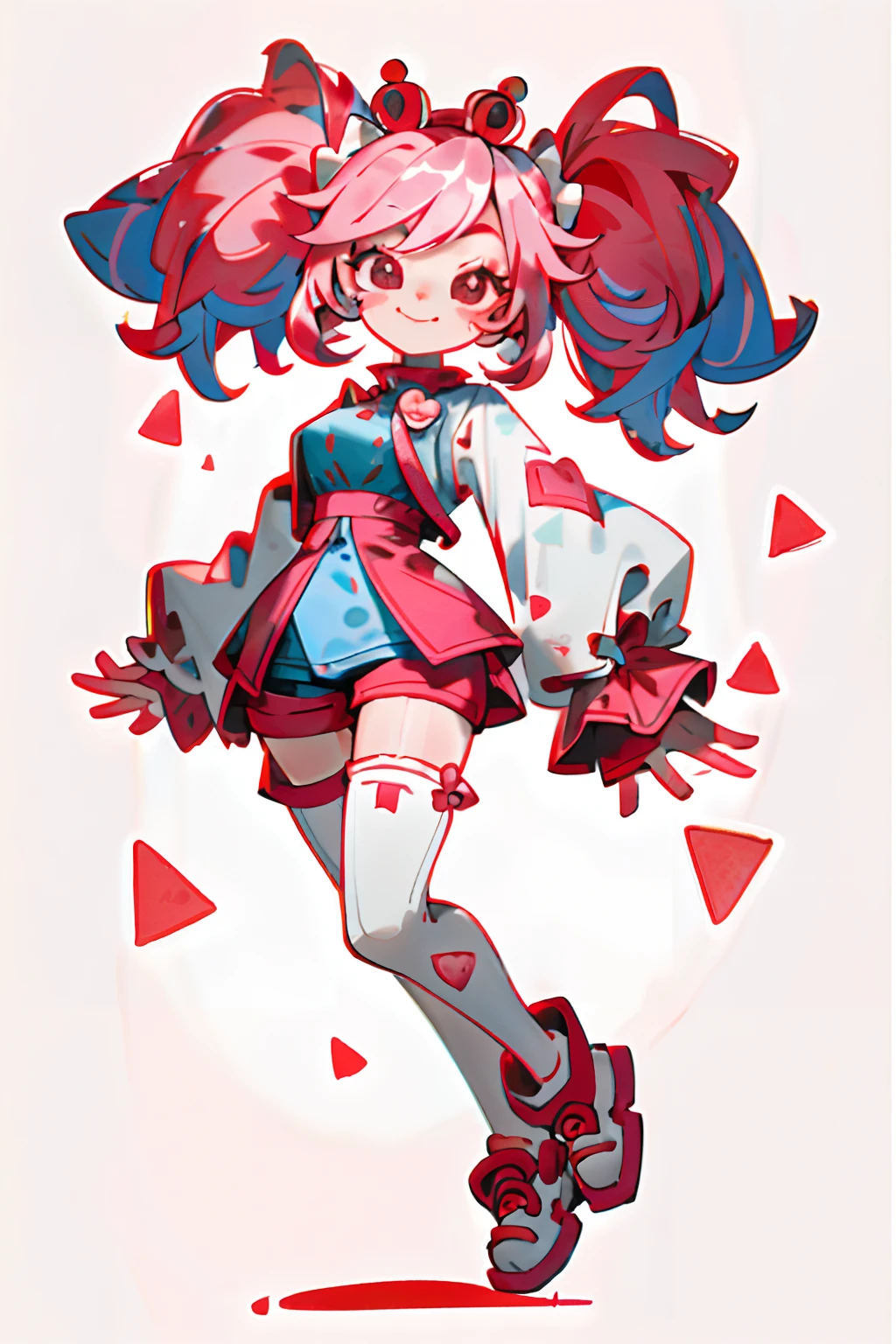 crazy cloud haired girl, pink hair, full body picture, pink eyes, heart shaped pupils, insane smile, blood splatter, 1GIRL, insane girl in long pink hair, crown, princess bubblegum style, finely detailed, (best quality), (intricate details), cute style, li, jester style, multicolored, ((long pink messiest hair in pigtails)), best quality, ((long sleeve shirt and shorts)), ((red and white clothes)), ((jester style clothes)), ((thigh high socks)), ((round eyes)), ((has jester makeup)), beautiful face, happy, cute face, pinup, perfect face, simple background portrait, clowh hear cards, bubble gums