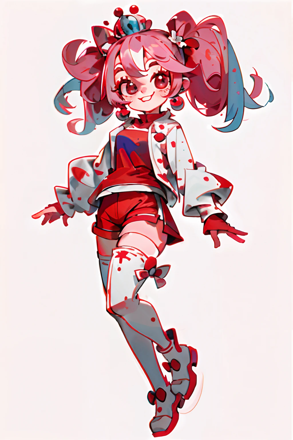 crazy cloud haired girl, pink hair, full body picture, pink eyes, heart shaped pupils, insane smile, blood splatter, 1GIRL, insane girl in long pink hair, crown, princess bubblegum style, finely detailed, (best quality), (intricate details), cute style, loli, jester style, multicolored, ((long pink messiest hair in pigtails)), best quality, ((long sleeve shirt and shorts)), ((red and white clothes)), ((jester style clothes)), ((thigh high socks)), ((round eyes)), ((has jester makeup)), beautiful face, happy, cute face, pinup, perfect face, simple background portrait, clowh hear cards, bubble gums