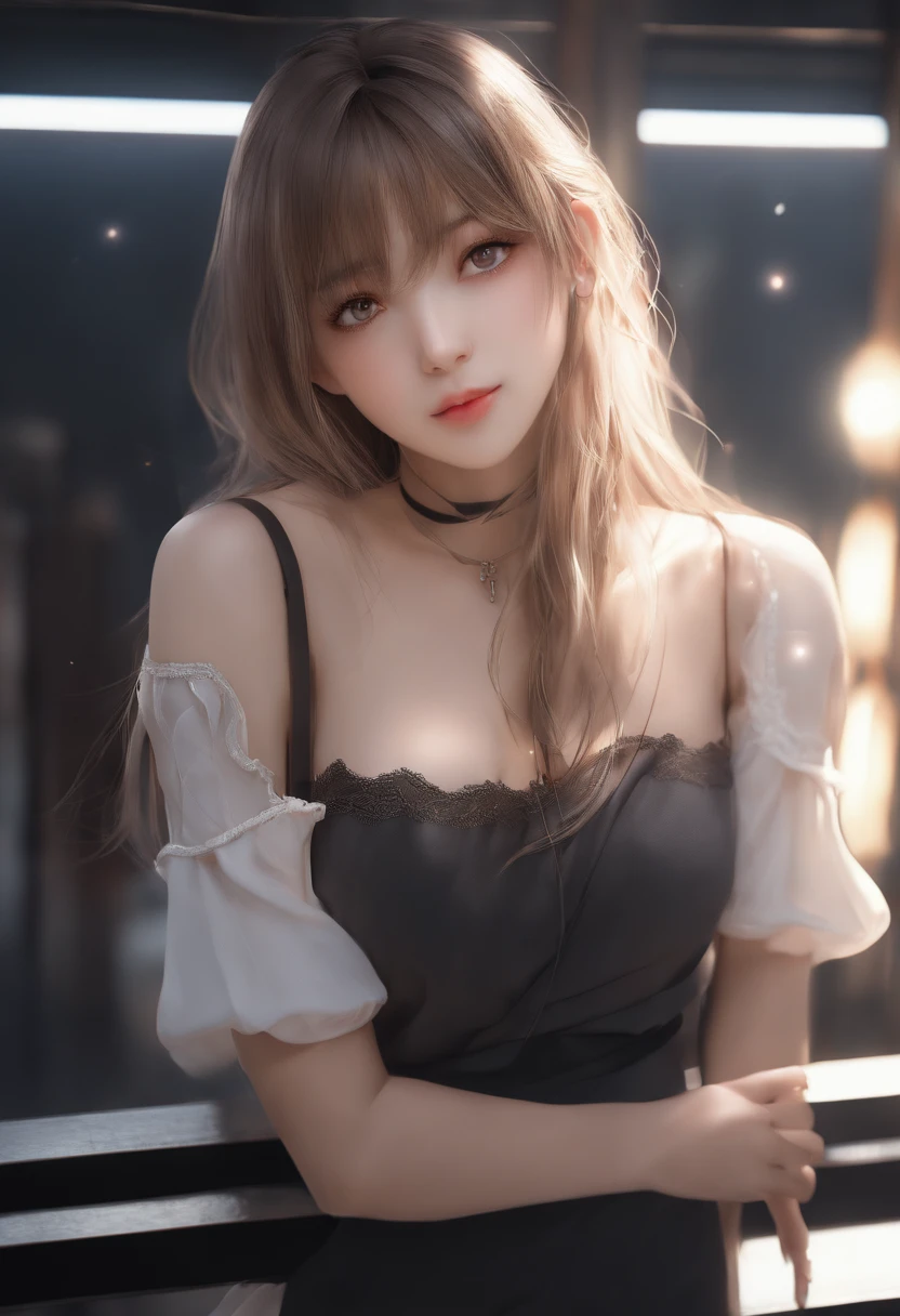 (photorealistic:1.4), (masterpiece, side dim light, finely detailed beautiful eyes: 1.2), masterpiece*portrait, realistic, 3d face, Stelle \(honkai star rail\), 1girl, white oversize T-shirt, bare shoulder, universe, rail, bangs, blush, shy, lustful eyes, medium long hair, looking at viewer, gasp, medium breasts