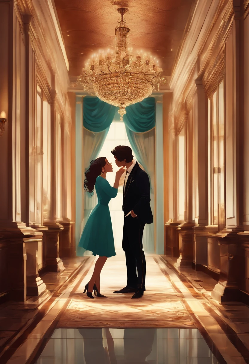 Couple kissing in a luxurious hallway, anime style