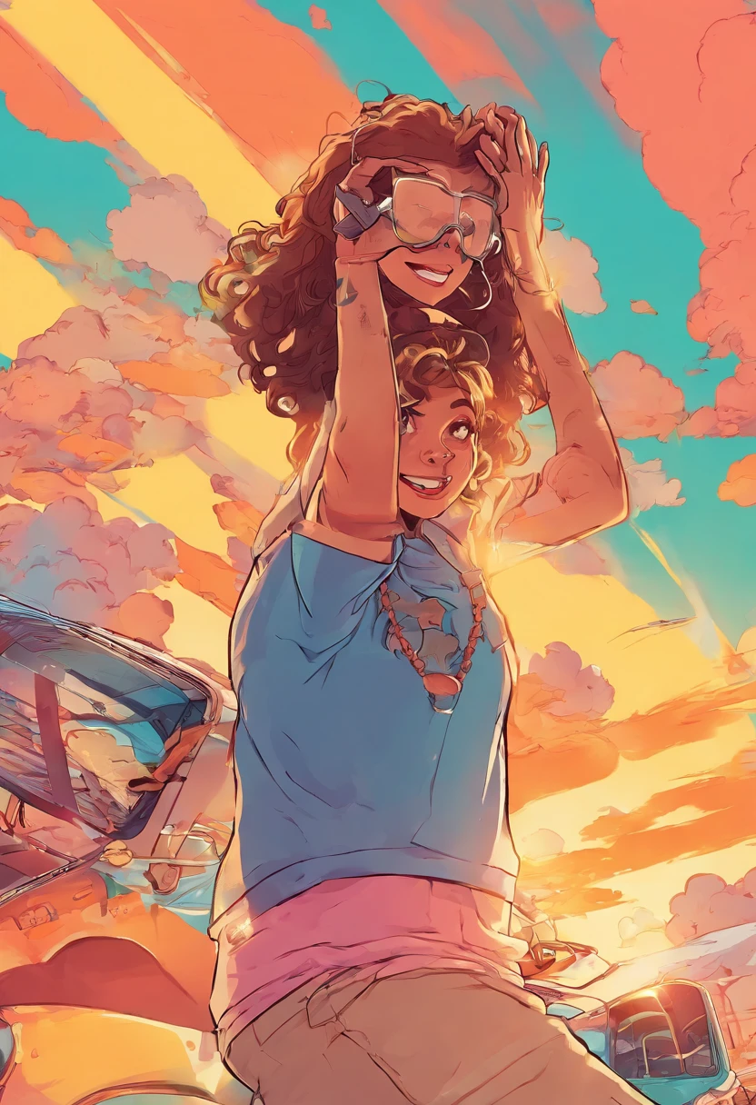 obra-prima, melhor qualidade, filme ainda, 1girl, garota nuvem, floating into the sky, close-up, brilhante, feliz, Soft lighting and Warm, sun sunset, parda, cabelos encaracolados longos ate metade das costas com oculos redondos lendo um livro com um gato de 2 corespreto e branco fofo (Sparks: 0,7)