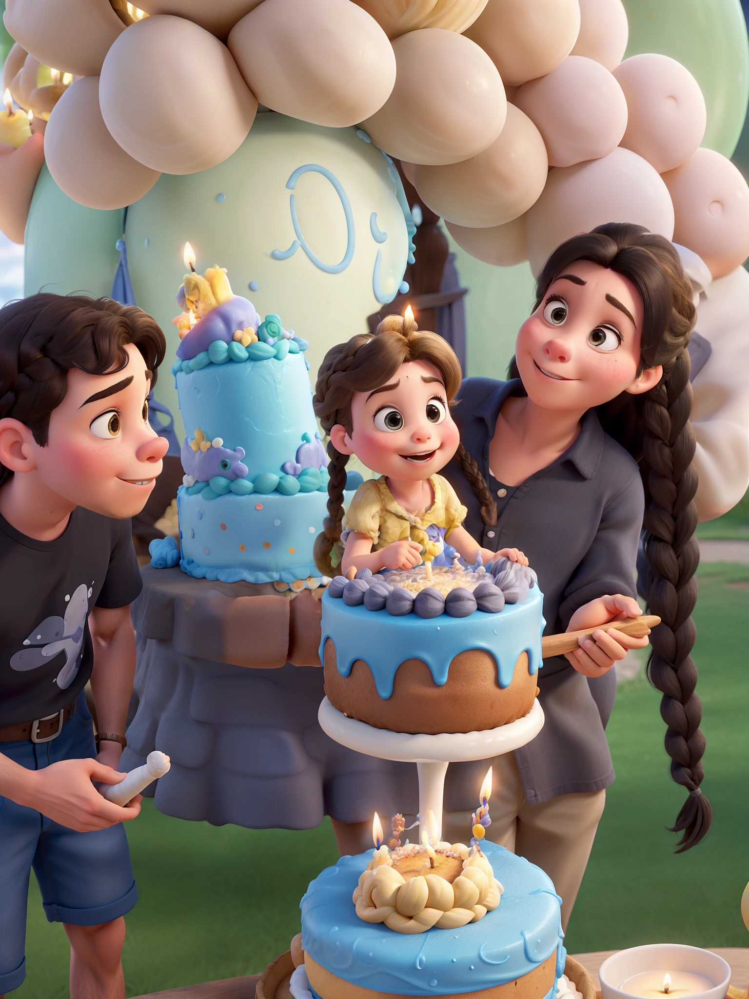 Obra-prima ao estilo Disney/Pixar in high quality and high resolution. The child blowing out the cake candle in front is blonde and the man has black hair, Mother next to child has braid on top of hair.