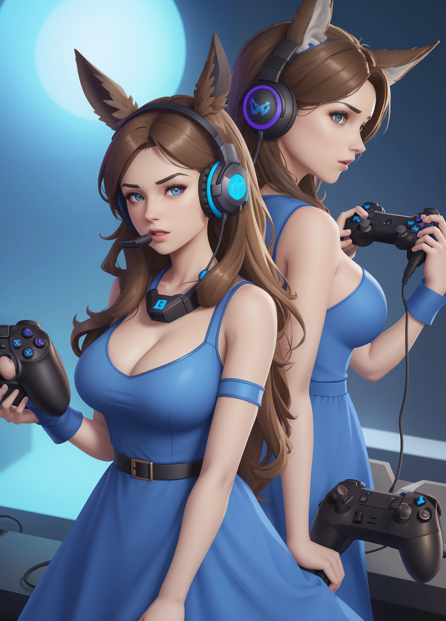 fortnite skin of a brown long haired girl with wolf ears and big breasts and a gaming  headset and controller in a blue dress