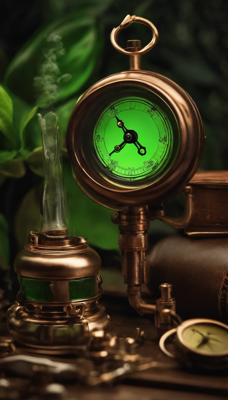 papel de parede para celular no estilo steampunk com engrenagens, vapor, Tubes with live green liquids, Pressure gauge, 3D, muito cobre polido, realista, 4k