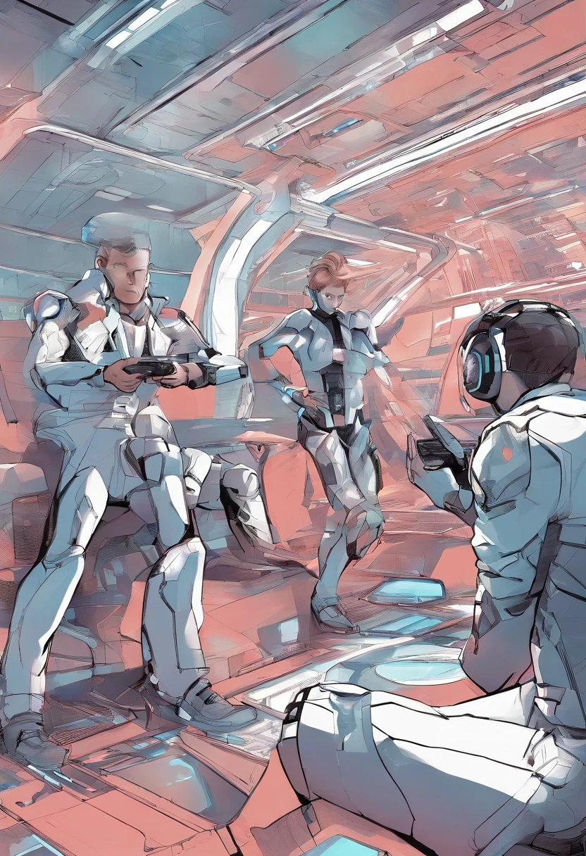 Four men and one woman playing video games