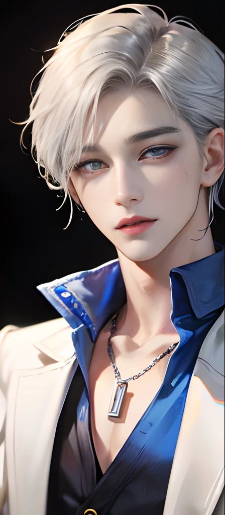 tmasterpiece, top-quality, 1 man, Adults, Height difference, Different fashions, different colors, finely eye and detailed face, intricately details, Casual clothing, Blouse with super big, Simple background, A smile, blissful, Tenderness, queers, high-level image quality、 Tall、The upper part of the body、nightfall、nighttime scene、𝓡𝓸𝓶𝓪𝓷𝓽𝓲𝓬、Korean male, Idol photos, K Pop, Professional photos, Vampires, Black and white Korean fashion, Fedorman with the necklace, inspired by Sim Sa-jeong, androgynous vampire, :9 detailed face: 8, extra detailed face, detailed punk hair, ((The eyes are royal blue)) baggy eyes, Seductive. Highly detailed, semi realistic anime, Vampires, hyperrealistic teen, Delicate androgynous prince, imvu, Short hair above the ears, Man with short hair, A silver-haired man with a gentle expression, Silver-haired man