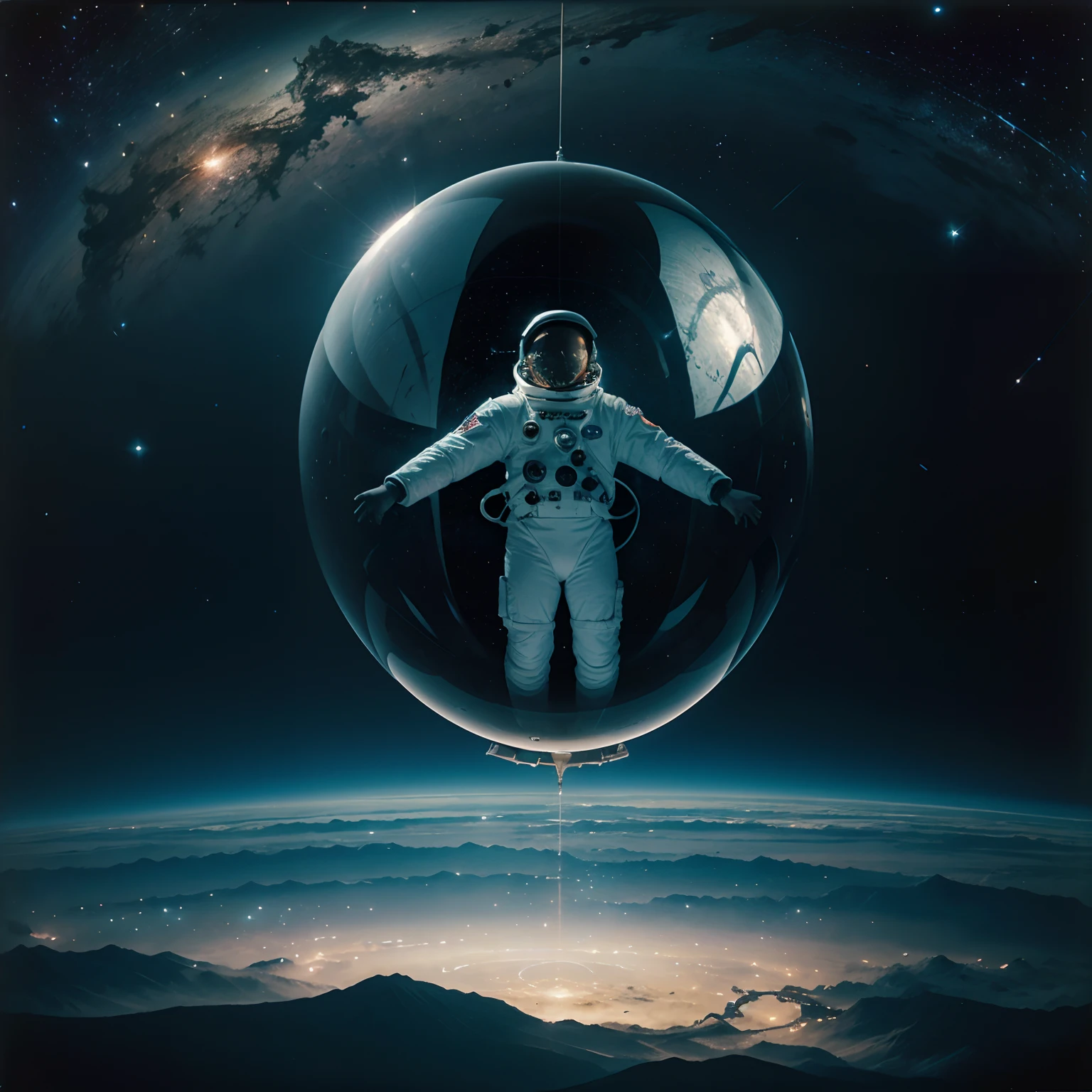 Deep space, lost in space, floating astronaut, far away, distant, creepy, thousands of stars, alone, adrift, floating in space, 1970s retro, pulp sci-fi, comic horror.