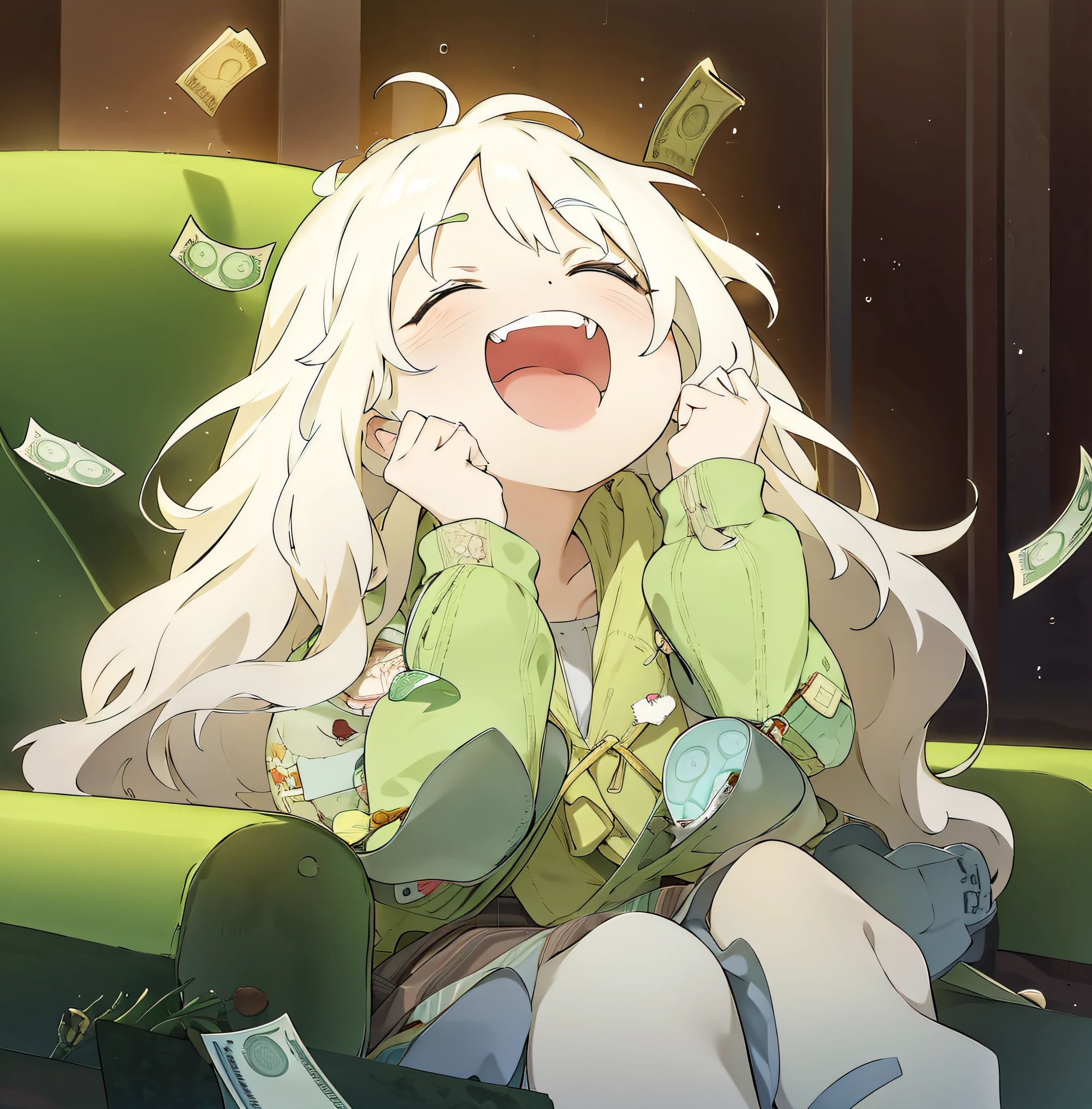 Anime girl sitting on a green chair，Money fell around her, Today's featured anime stills, anime visual of a cute girl, Splash art anime ****, [[[[grinning evily]]]], expressing joy. by Krenz Cushart, she is laughing, grinning lasciviously, anime moe art style