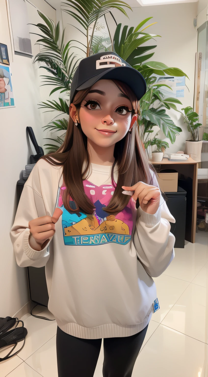 master part, best quality, 1st grade, olhos castanhos pele clara, brown hair, cabelos ondulados, long hair, Brincos, jewelries, Wearing a cap, Camisa comprida, fundo simples, sozinho, parte superior do corpo