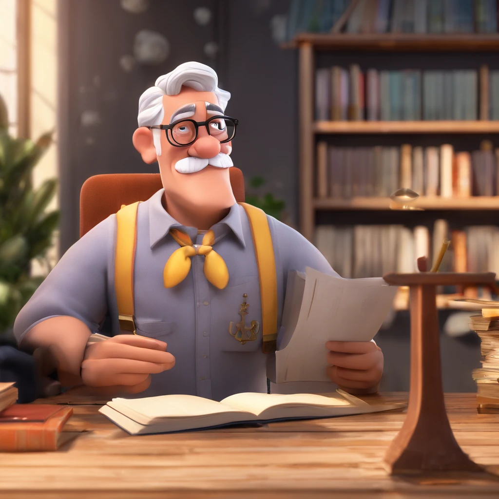 Crie um cartaz inspirado na Disney Pixar com o personagem sendo o pastor Rubens Janier, A gray-haired man wearing glasses, in an office with a Bible on the table