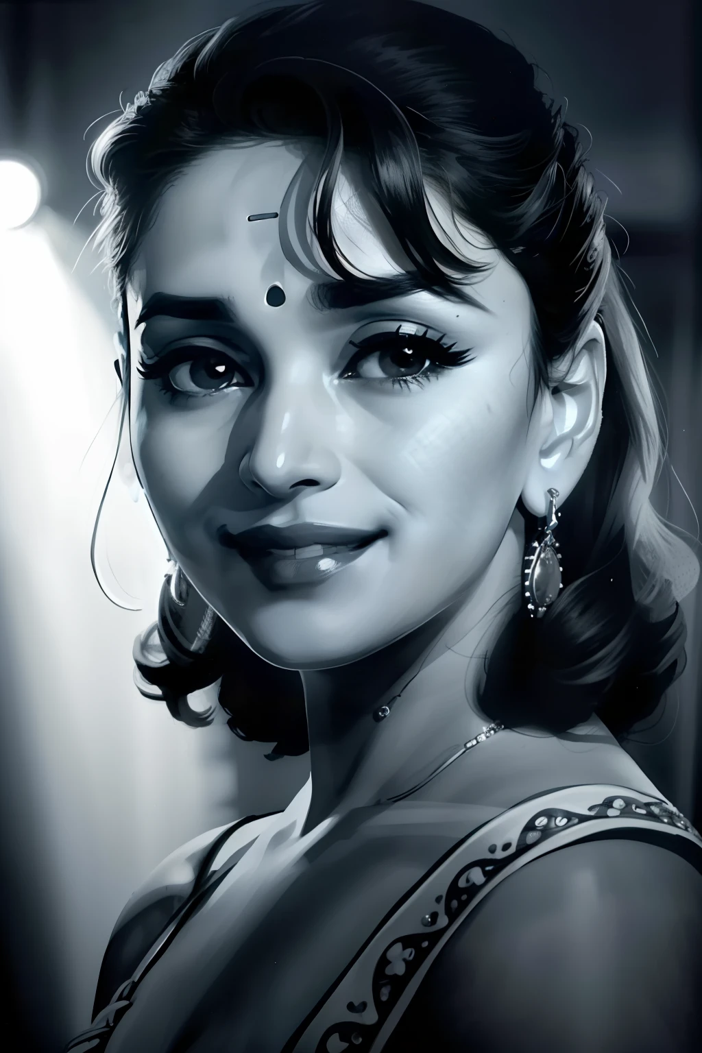 madhuri dixit,jewelry,smile,  Spotlight with a snoot for a focused beam of light (Focused Spotlight).,sub surface scattering, detailed skin,  Informative Soft Shadows, lee friedlander,vanishing point,