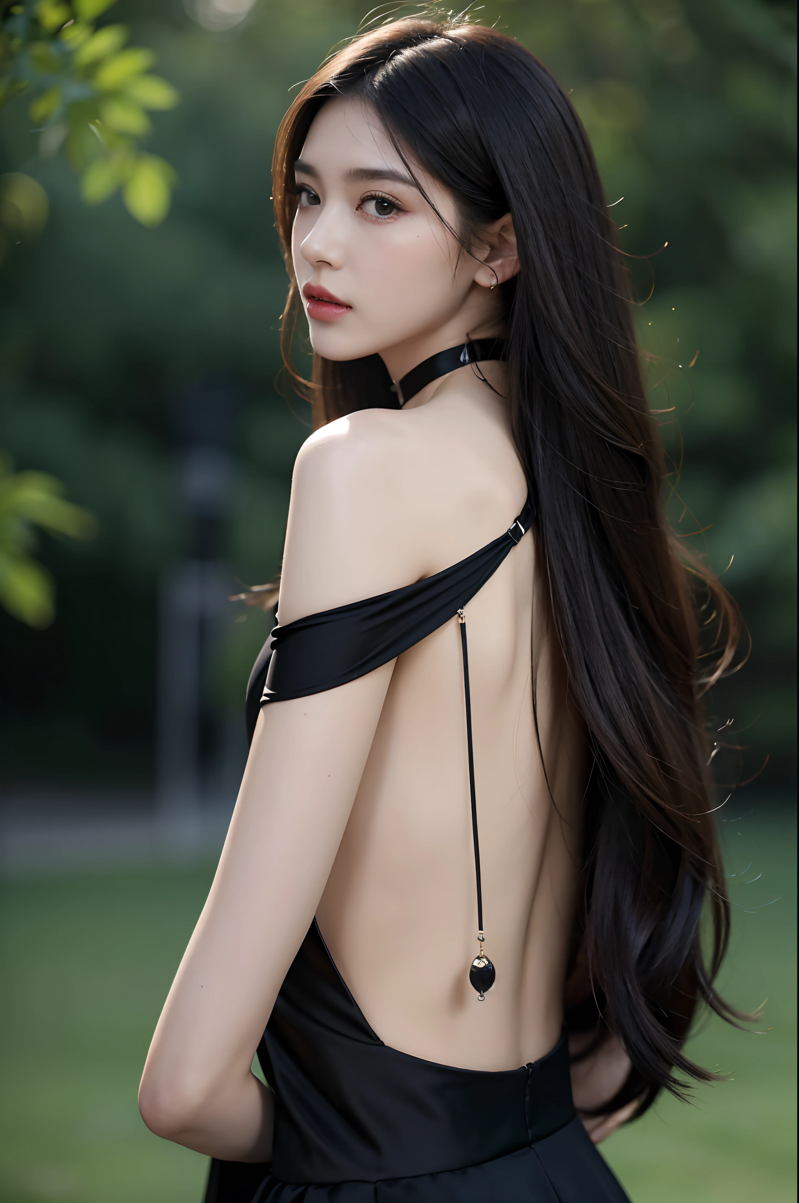 （Front focus），（in the darkness nigth：1.6），Surrealist portraits of women by David Hockney and Alphonse Mucha，Fantasyart，photographrealistic，动态照明，art  stations，Black gown，sam yang， 1girll， back， Bare shoulders and back， 黑The eye， dark circles， brown  hair， 耳Nipple Ring， jewely，black dressed evening dress， cparted lips， long whitr hair， looking at viewert， back to look back， choker necklace， cropped shoulders， Lips half open， sportrait， daysies， depth of fields， 独奏， （（tmasterpiece））Volumetriclighting，Very detailed faces，4 k''，Award-Awarded， , 1girll, In the dark, deepshadow, low tune, Cowboy shot,(official clothes:1.4),long whitr hair,whaite hair,