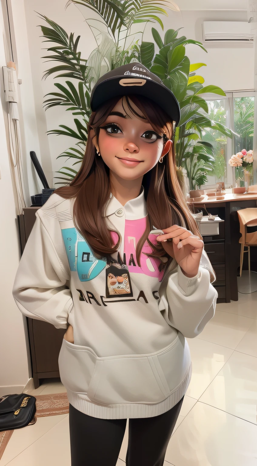 master part, best quality, 1st grade, olhos castanhos pele clara, brown hair, cabelos ondulados, long hair, Brincos, jewelries, Wearing a cap, Camisa comprida, fundo simples, sozinho, parte superior do corpo