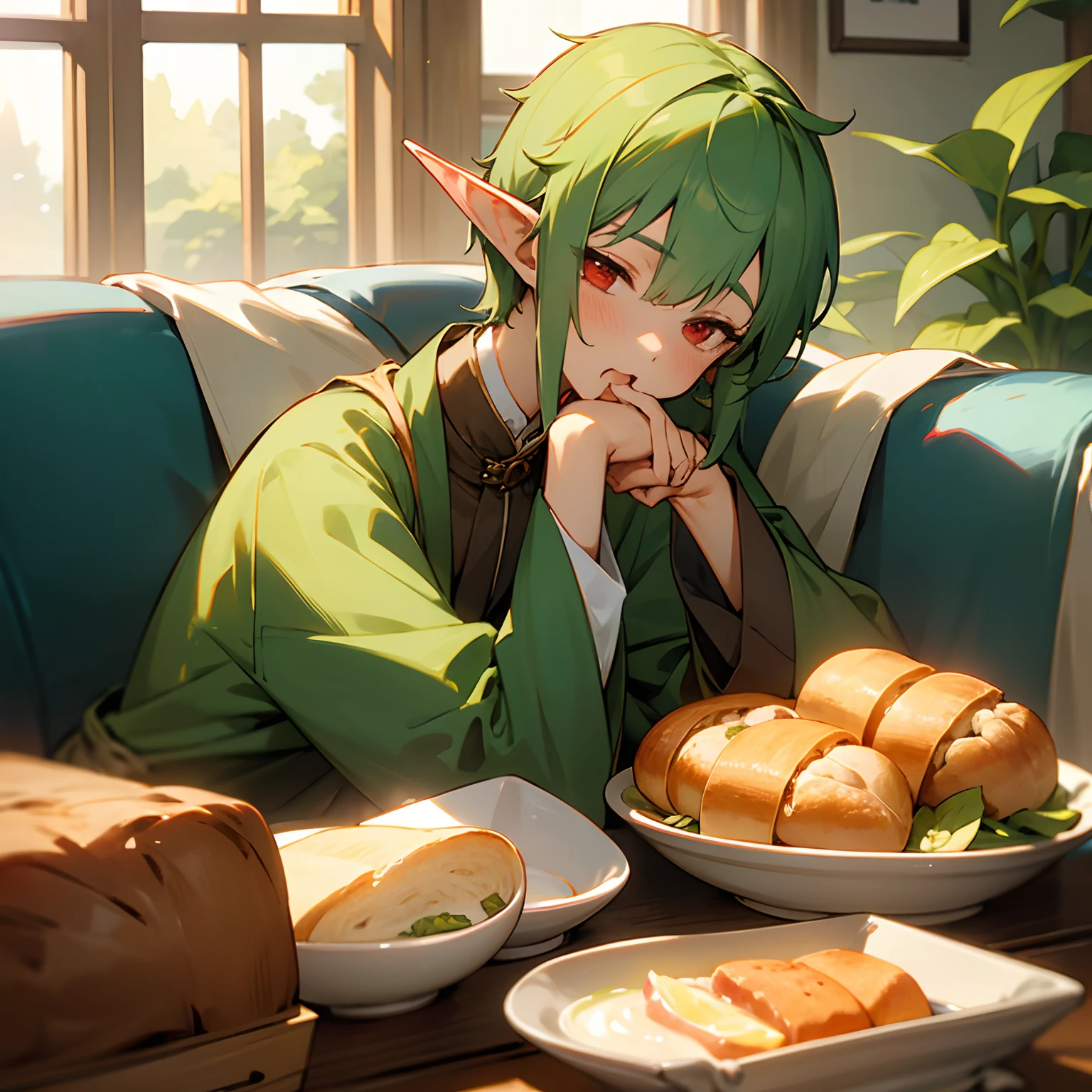 Cute Boy、skinny body、Green shorthair、Long sideburns、Red Eyes、Elven ears、early morning、livingroom、the morning sun、Eat breakfast、Eating bread、Bread, Soups and salads on the table、Sleepy look、yawns、Dye cheeks