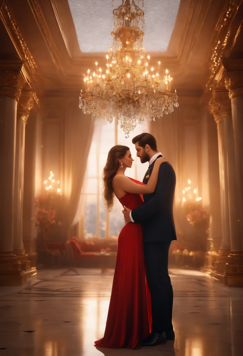 (best quality,4k,8k,highres,masterpiece:1.2),ultra-detailed,(realistic,photorealistic,photo-realistic:1.37),lovers embracing,anime style,candlelit,romantic,golden lighting,soft shadows,luxurious interior,hallway,marble floors,ornate chandelier,elegant decorations,indoor fountain,red carpet,beautifully dressed couple,intertwined fingers,gazing into each other's eyes,tender kiss,blushing cheeks,long flowing hair,sparkling jewelry,gentle touch,love and passion in the air,soulful expressions,serene ambiance,magical atmosphere,subtle background music,immersed in each other's presence,filled with warmth and intimacy,hearts beating as one,private and secluded,unforgettable moment,lifelong love and commitment,unbreakable bond,forever entwined.