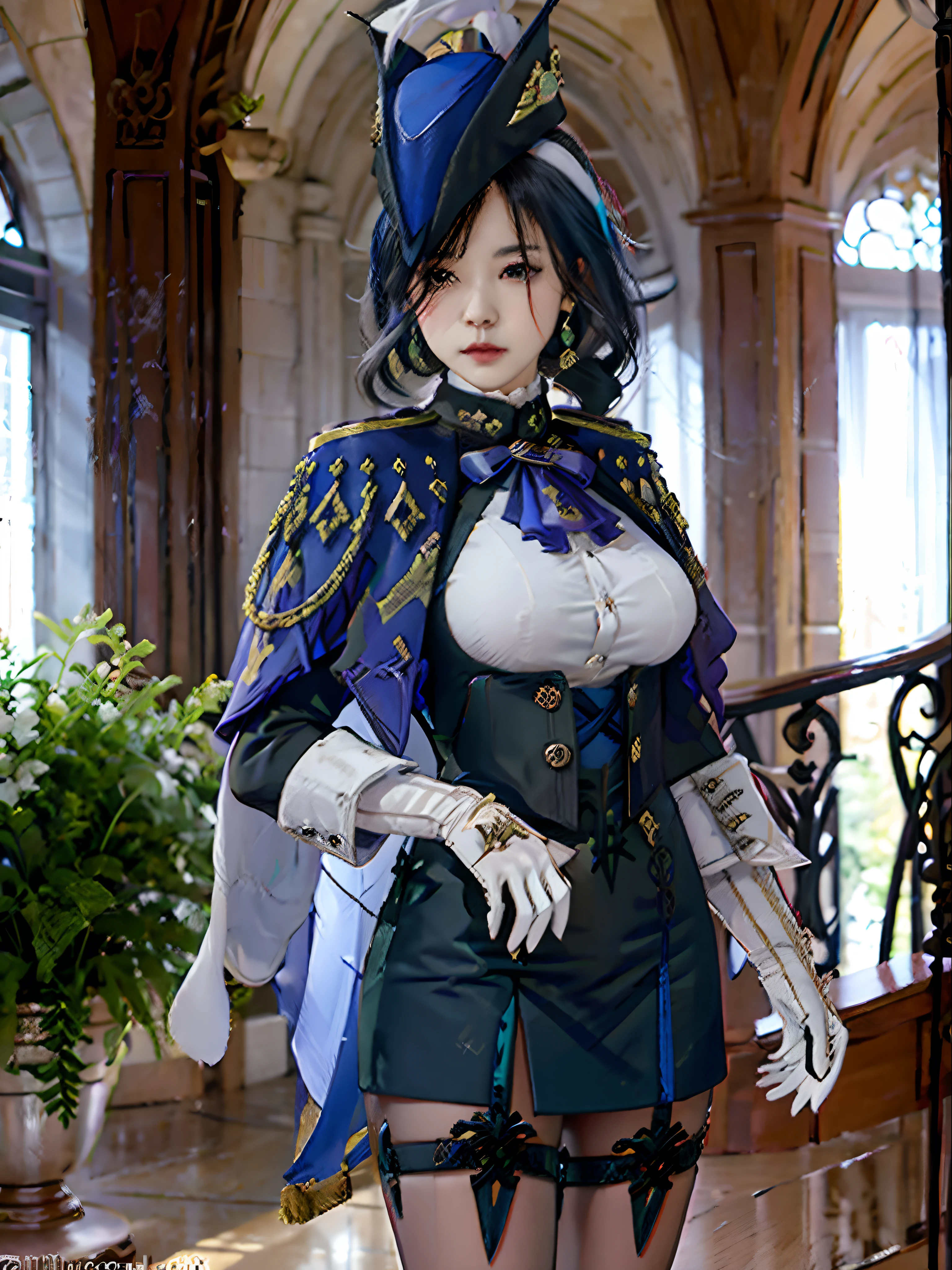 1girl in, Klonde \(GenshinImpact\), tricorne, pantyhose, earrings, blue cape, White Gloves, pencil skirts, White shirt, Thigh strap, Underbust, ascot, Jacket, depth of fields, Standing, Cowboy Shot, Glaring, put hands on the hip, Looking at Viewer, chies, Indoors