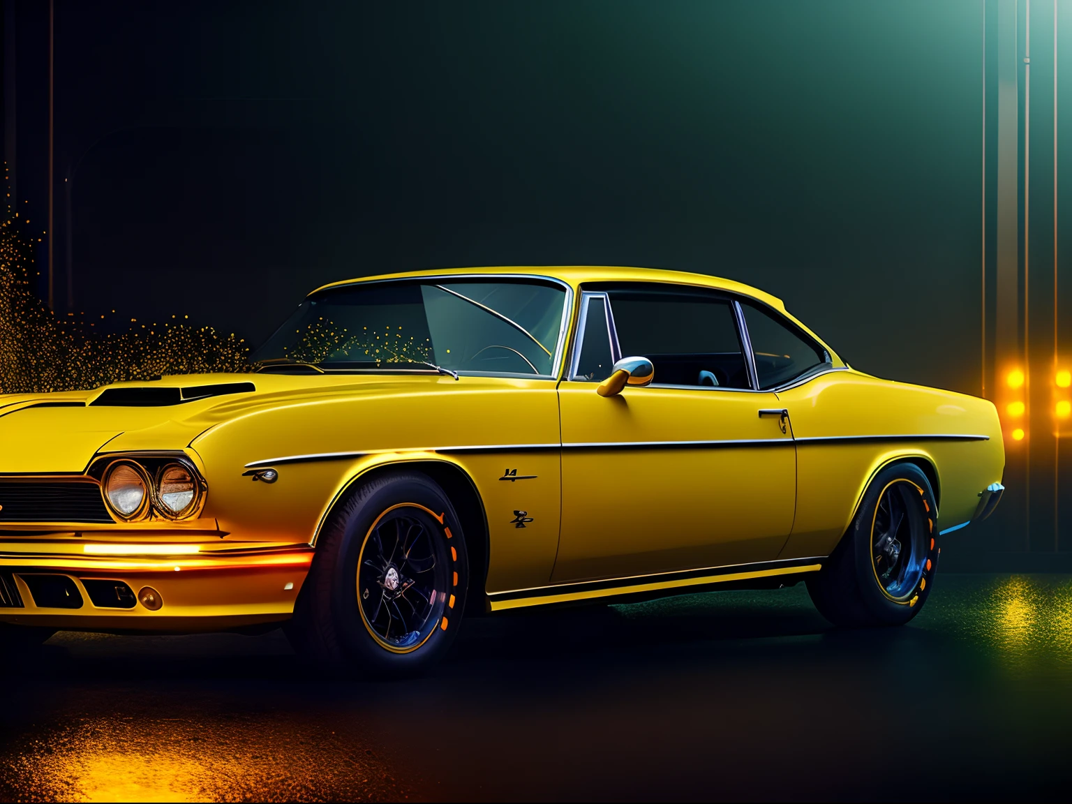 A classic car in a chiaroscuro setting with neon yellow accents, featuring orange glitter elements, and an added layer of reflection, style raw [Low angle], action scene, dynamic action, film grain, motion blur, Epic realism, raw photo, highly-detailed, 8k