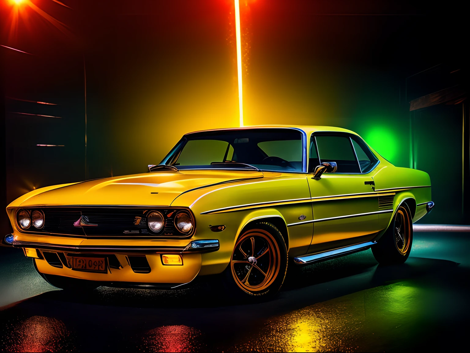 A classic car in a chiaroscuro setting with neon yellow accents, featuring orange glitter elements, and an added layer of reflection, style raw [Low angle], action scene, dynamic action, film grain, motion blur, Epic realism, raw photo, highly-detailed, 8k