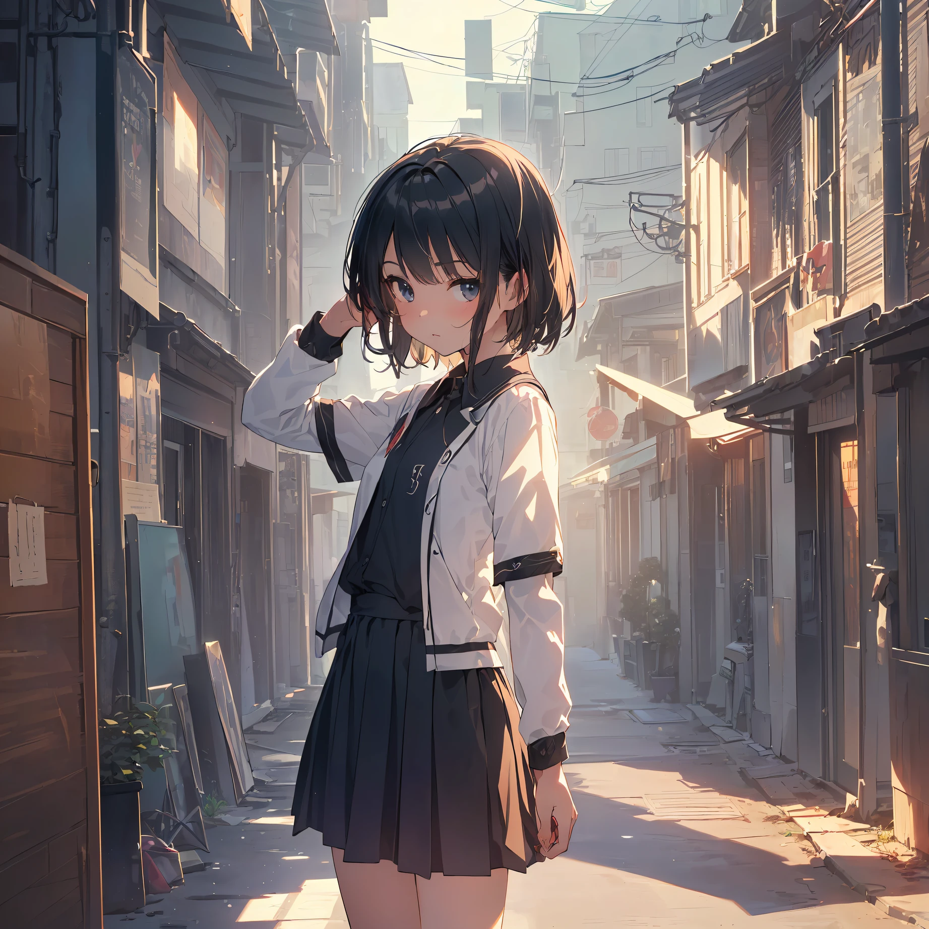 Portrait, Documentary, Photo, A girl is 13-year-old gender-neutral middle school student with short black hair and small chest, walking on the school commute route with a tired expression, Short hair, School uniform, skirt, School commute route, High quality, Realistic, Eye-level shot, Medium shot, Front view, Natural lighting, School commute,break,1girl, (Solo,Loli face,13-year-old:1.5),a junior high school student, androgynous charm, (Very Short hair), flat chest, Small butt, Beautiful detailed black eyes, disgusted eye,break,((top quality,anime style, ultra-detailed,high resolution,extremely detailed CG,unity 8k wallpaper,by famous artist,perfect ,super detailed skin,cinematic lighting)),