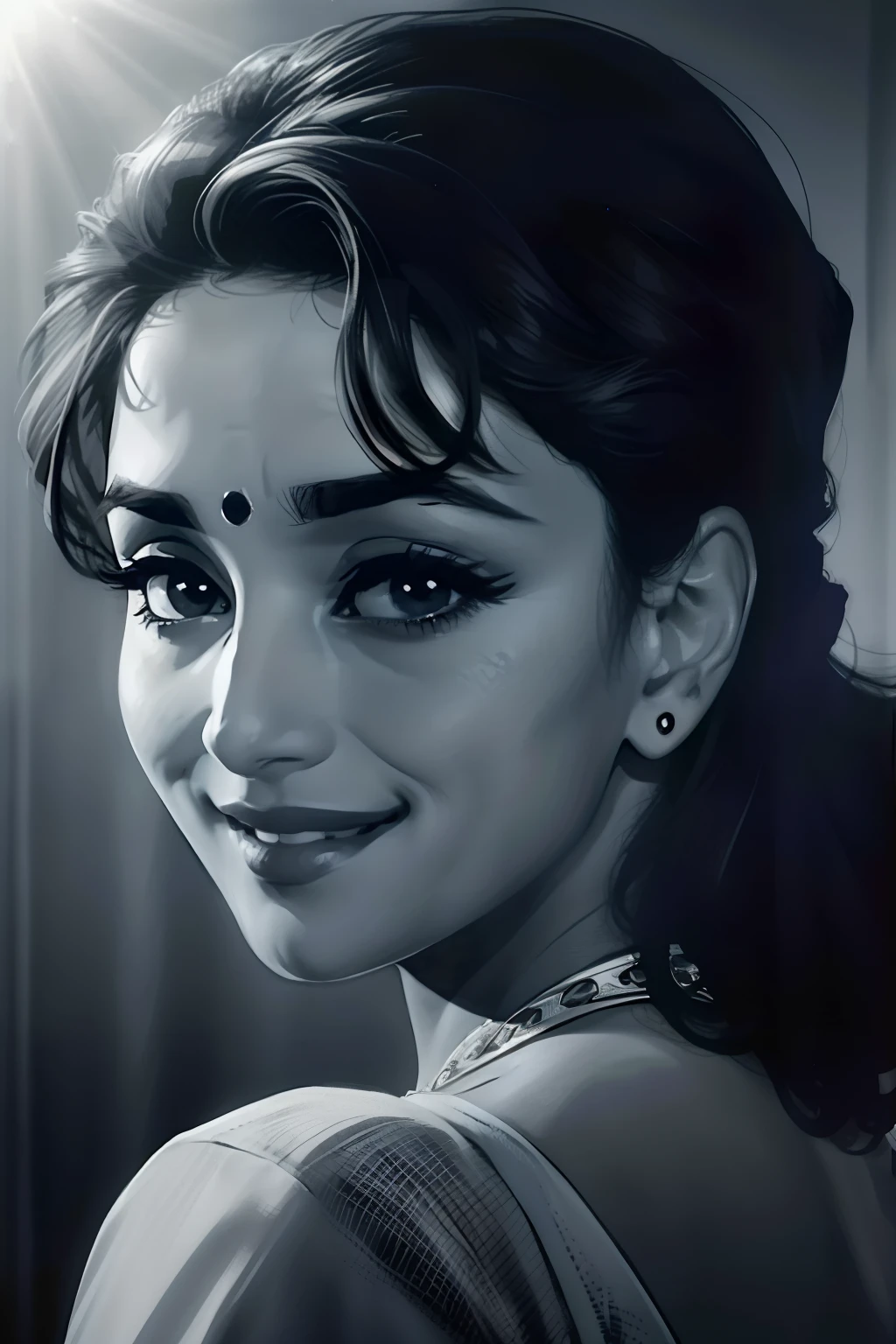 madhuri dixit,jewelry,smile,  Spotlight with a snoot for a focused beam of light (Focused Spotlight).,sub surface scattering, detailed skin,  Informative Soft Shadows, lee friedlander,vanishing point,