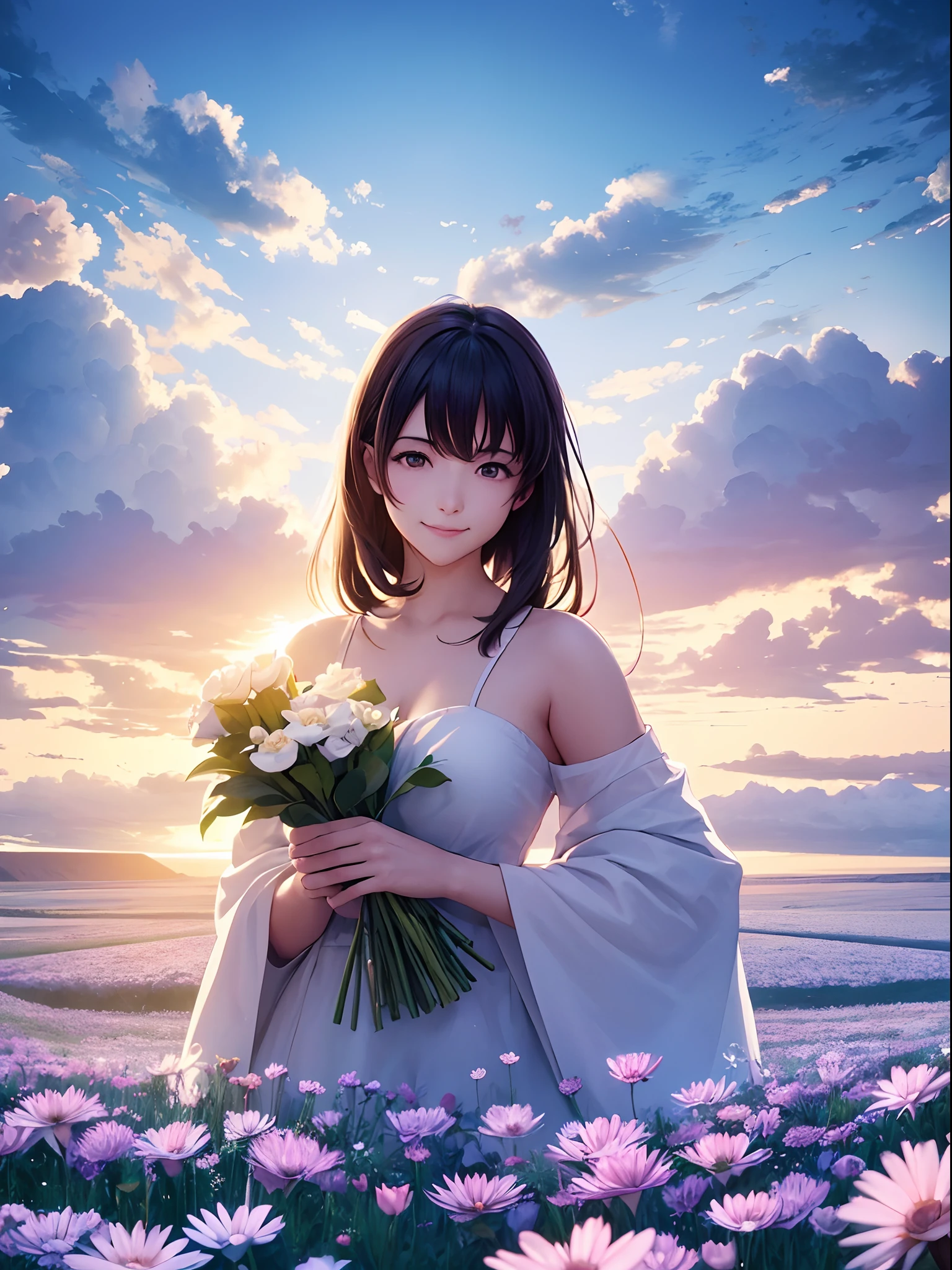 She is a naïve girl who works on a farm. She lives in difficult times., It's the Dark Ages. , Crazy World, Floating islands, cloud castles, (Best Quality:1.3), (hight resolution:1), (Huge NA:1.3), (unbelievable:1.3), (Perfect:1.3), (Perfection:1.3), (Volume Cover Art:0), (Illustration:1.3),The Art of Makoto Shinkai,holding flower bouquet,Both hands are the center of the body,face to the viewer,A gentle smile with a big smile,