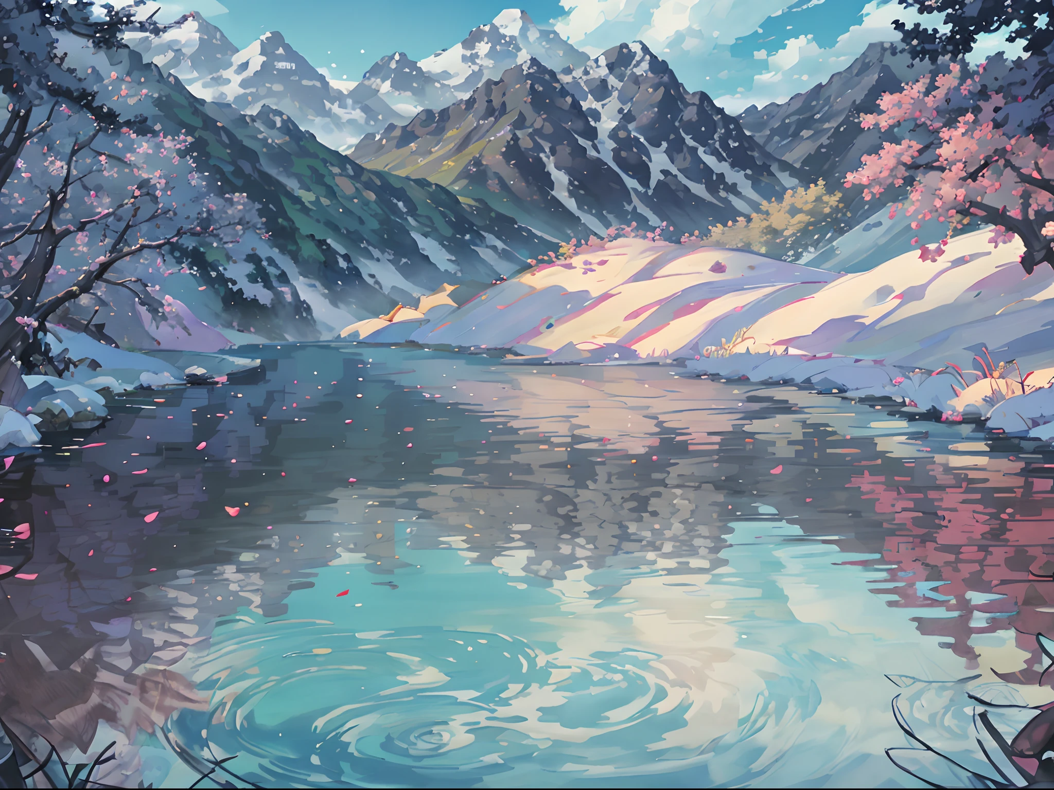 Chinese antiquity、springtime、peach blossom,jungles、lakes、hole in the mountains、waterfallr,The tree、grassy fields、Rochas、fawn、hot onsen、hydrosphere、(illustratio:1.0)、Epic composition、Realistic lighting、high definition detail、tmasterpiece、Best quality,(非常详细的 CG 统一 8k 壁纸)