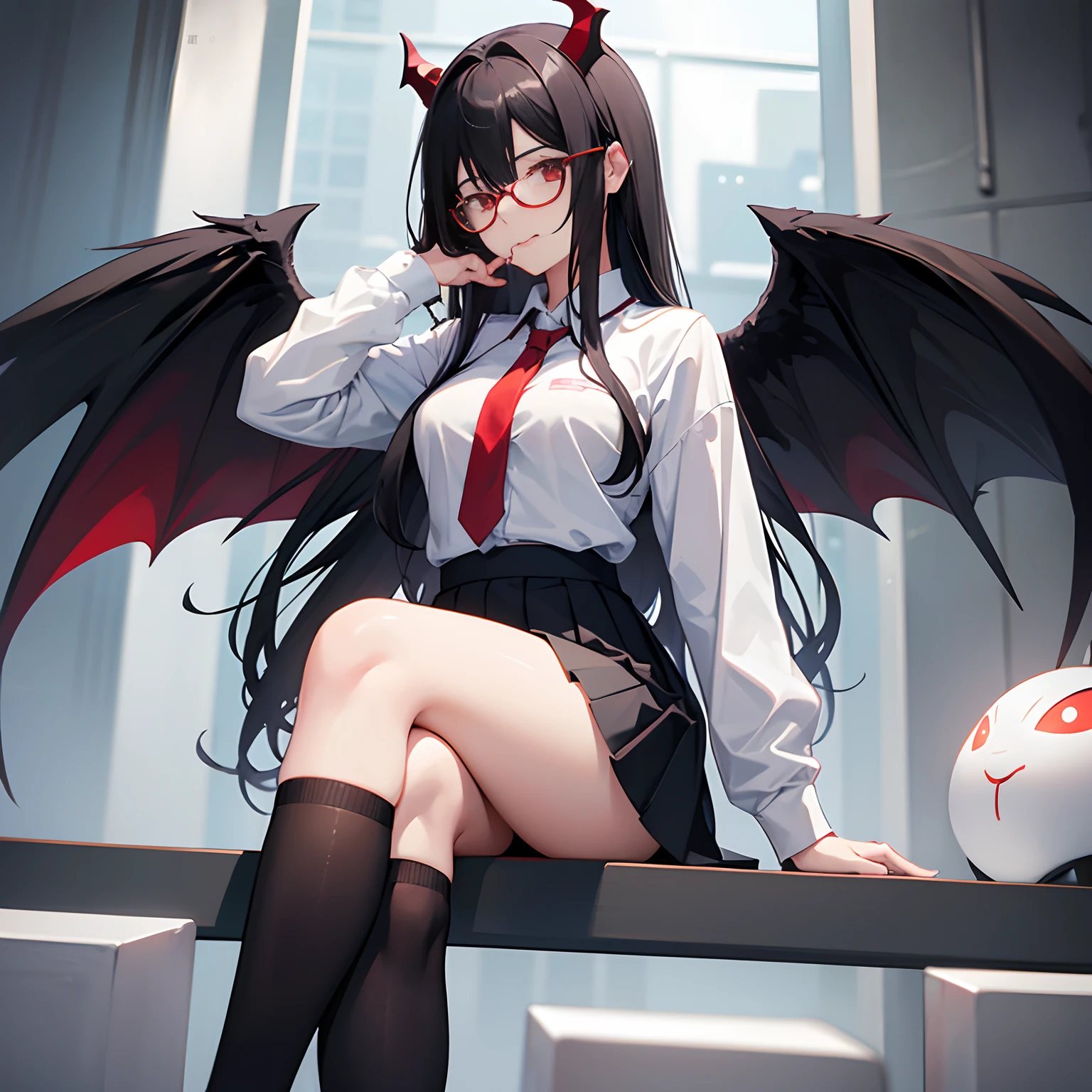 "anime girl, 1 person, black hair, shoulder-length hair, red eyes, glasses, white horns, wearing women's shirt, tie, school clothes, big breasts, tights, high heels, sitting  crossed legs, licking lips, small black wings on back, front view, (full HD 4K+ image)"