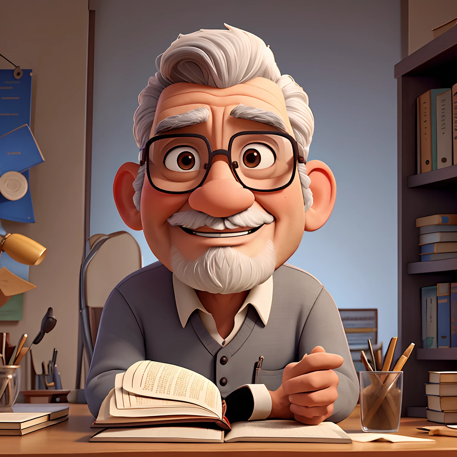 velho, inspirado na Disney Pixar, Inspirado pelo pastor ( Rubens Janeiro ) A gray-haired man wearing glasses in an office with a book on the table looking to the serious future, old man, cabelos grisalhos, um terno