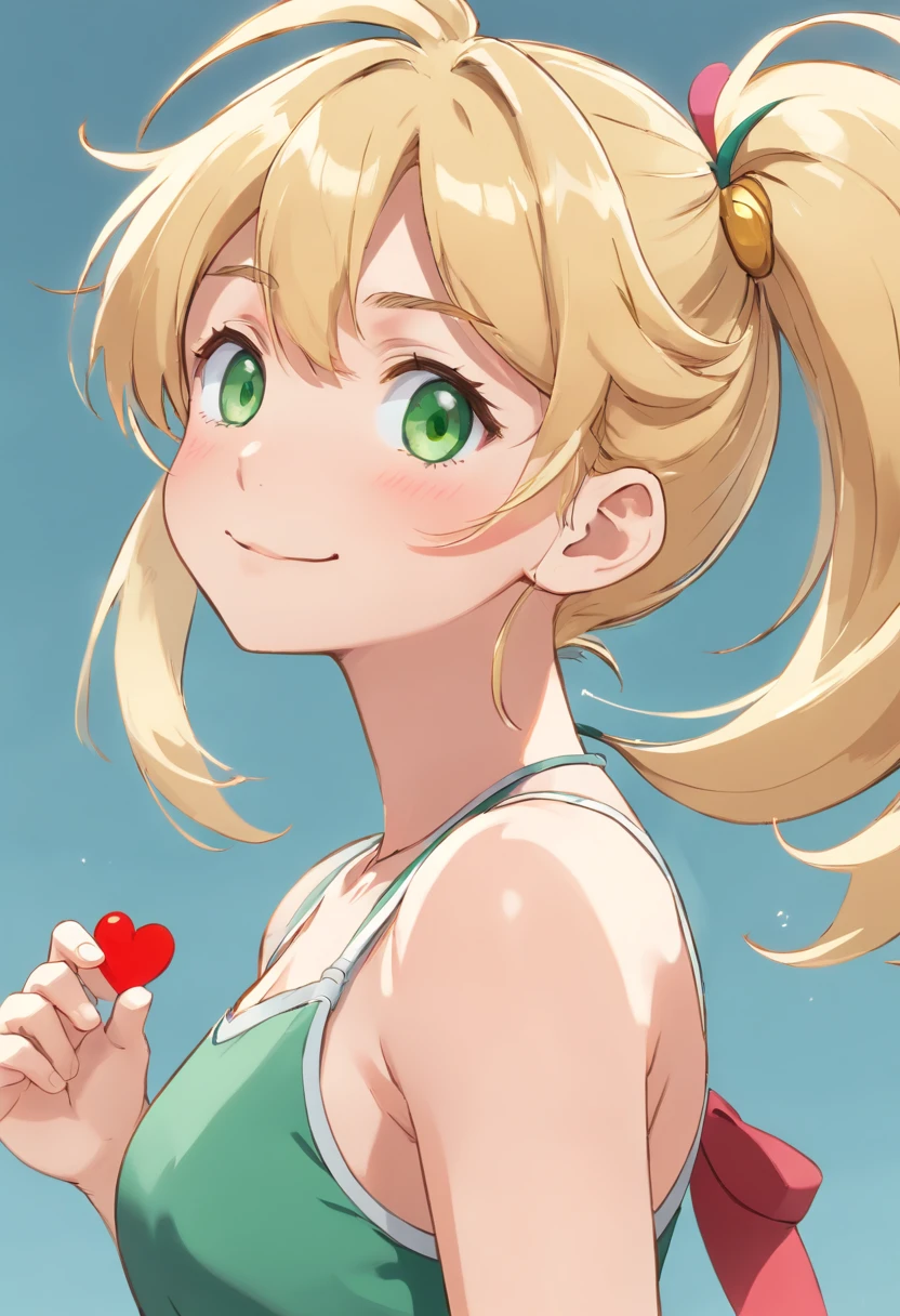 1guy,Golden hair, high ponytail,green colored eyes,(blusher:1.1),upper-body,(High-speed lines:1.1), ((heavy breathing:1.3)), Love, Heart, Happy, Smile, (Render:1.3), man, Flat Breast