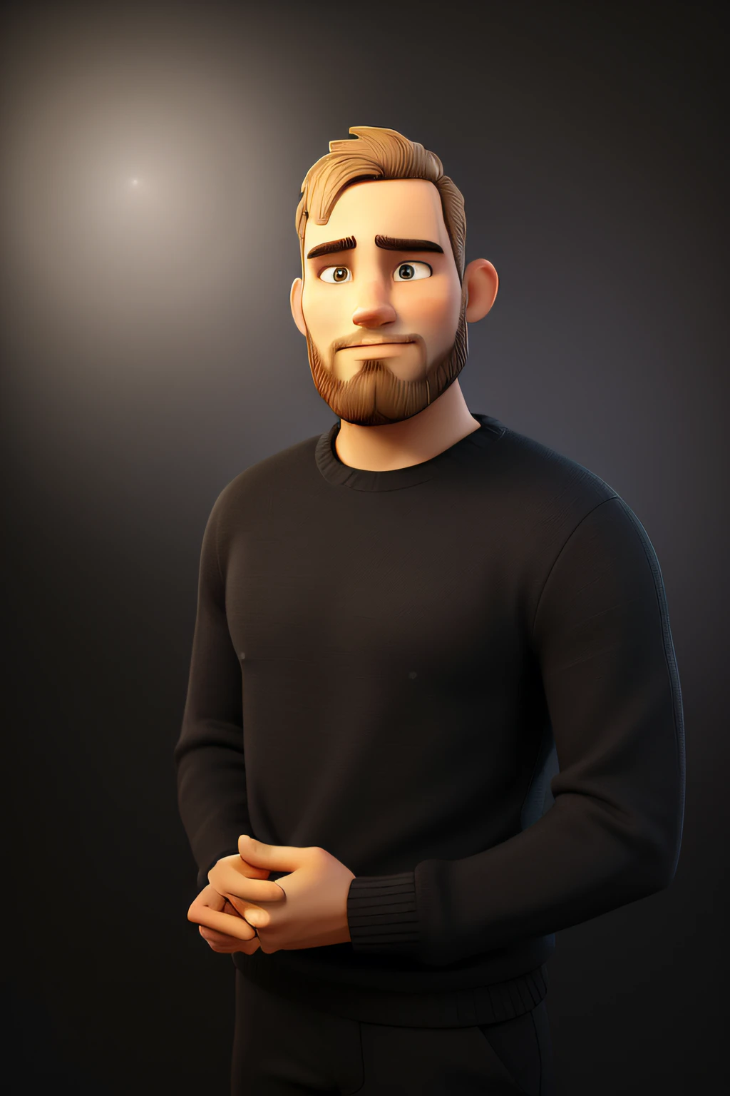 A imagem mostra um homem parado contra um fundo escuro que parece ser preto ou muito escuro. He's looking directly at the camera with a serious or slightly defiant expression. Here are some notable details:

- **garments**: He's wearing a black long-sleeved sweater, ajustado ao corpo, which suggests a preference for a simple, classic style.
- **Postura**: His posture is erect and his hands are clasped in front of him, which may suggest confidence or determination.
- **Head and Hair**: Ele tem cabelo curto, aparado dos lados e mais longo no topo, com a barba cheia, bem cuidada, acompanhando o formato de seu rosto. The beard and hair have a light brown or dark blonde color.
- **Rosto**: O homem tem sobrancelhas expressivas, olhos claros e uma boca fechada em uma linha reta. He appears to have a strong bone structure, with prominent cheekbones and a well-defined jawline.
- **Uplighting**: The lighting of the photograph is dramatic, com uma luz mais brilhante vindo do lado esquerdo do quadro (seu direito), criando sombras no lado oposto de seu rosto e no fundo. Isso contribui para um efeito ligeiramente teatral ou de alta contraste na imagem.
- **Fundo**: The background is uniform and has no visible objects or details, o que faz o foco da imagem ser completamente no homem.

The man's expression and posture may suggest that he is posing for a professional portrait, Maybe for a business profile or a professional social media.