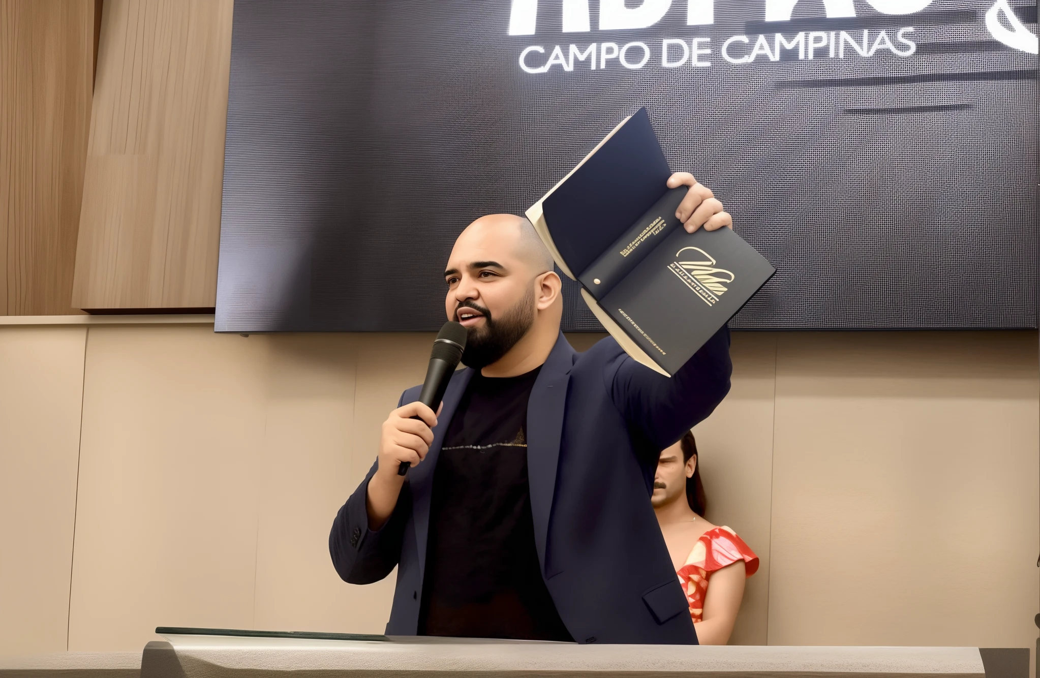 There's a man holding a book and a microphone in front of a sign, he is holding a large book, Carmelo Blandino, Alejandro Mirabal, Henry Alvim Correa, Pablo Perdomo, ástor alexander, Directed by: Agustin Fernandez, Directed by: Alejandro Obregon, Directed by: Manuel Rendón Seminar