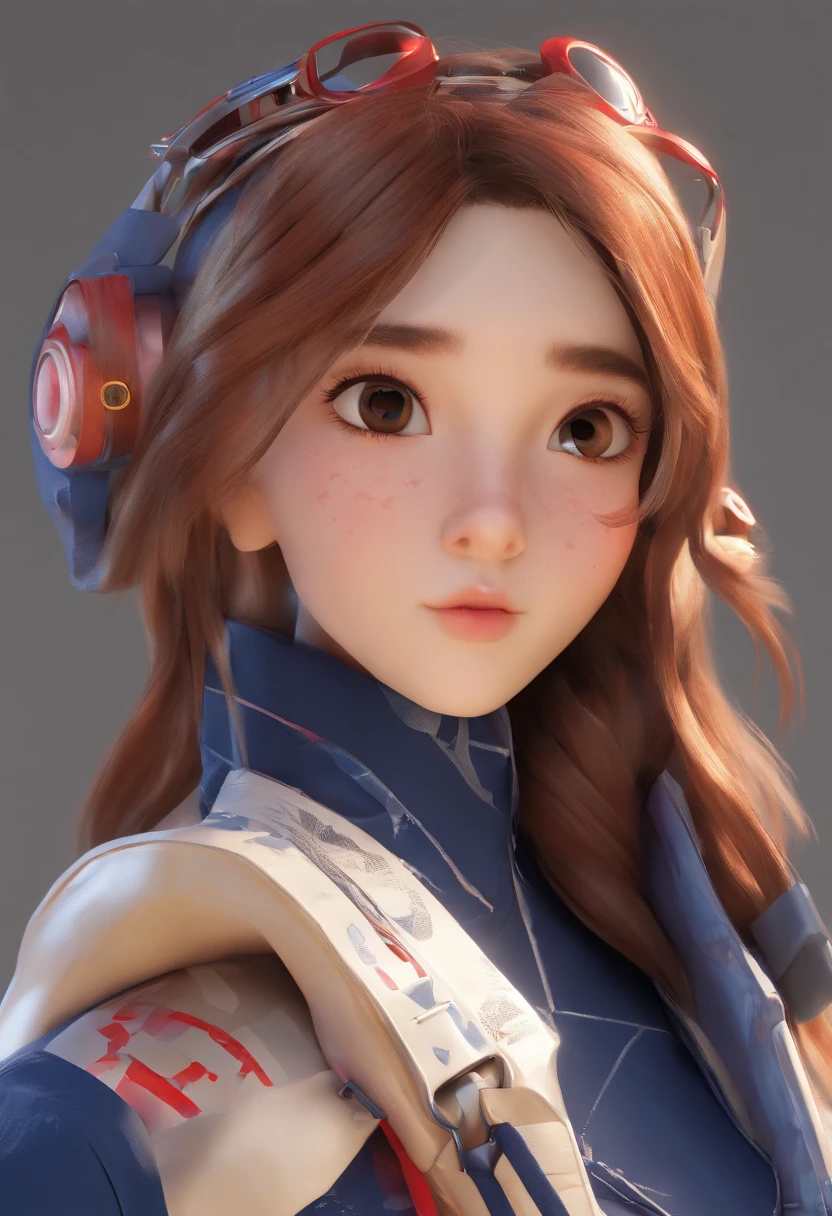 3D animation style Draw a character girl inspired by Pixar 3D. He must have white skin and be thin with light brown eyes. Brown hair with two braids on the sides, Navy blue clothes with a huge red question mark on the chest,yoji shinkawa, 4k, digital art, concept art, trending on artstation.